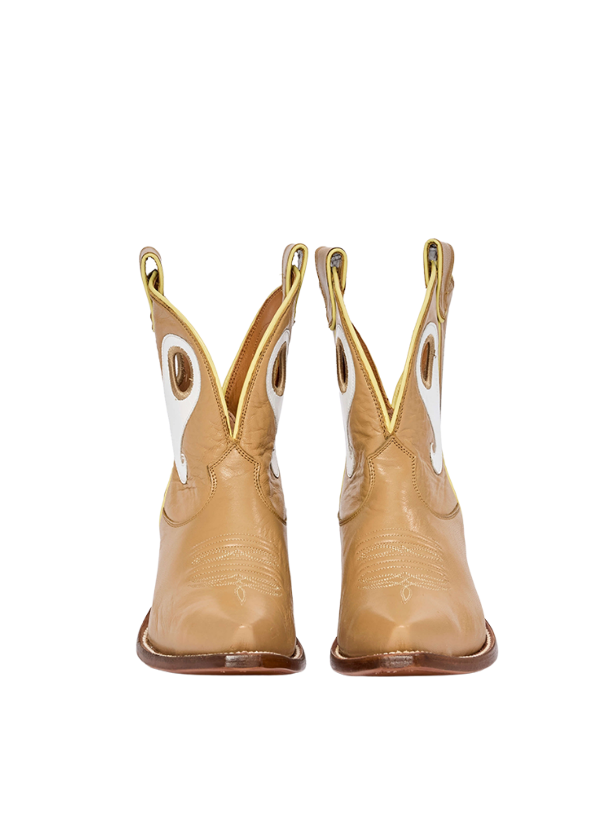 Contrast Tan And White Vegan Leather Cutout Snip-Toe Cowgirl Ankle Booties