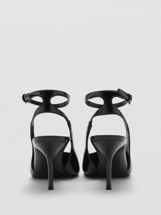 Patent Black Pointed-Toe Slingback And Ankle Strap Kitten Heels