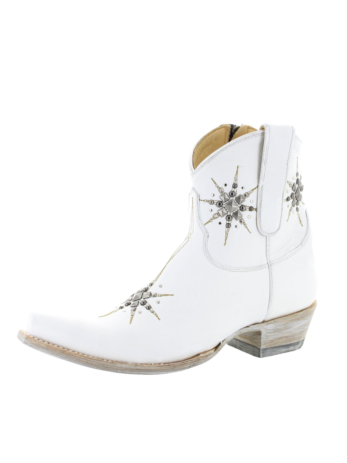 White Snip-Toe Studded Stars Full-Zip Mid Calf Cowgirl Boots