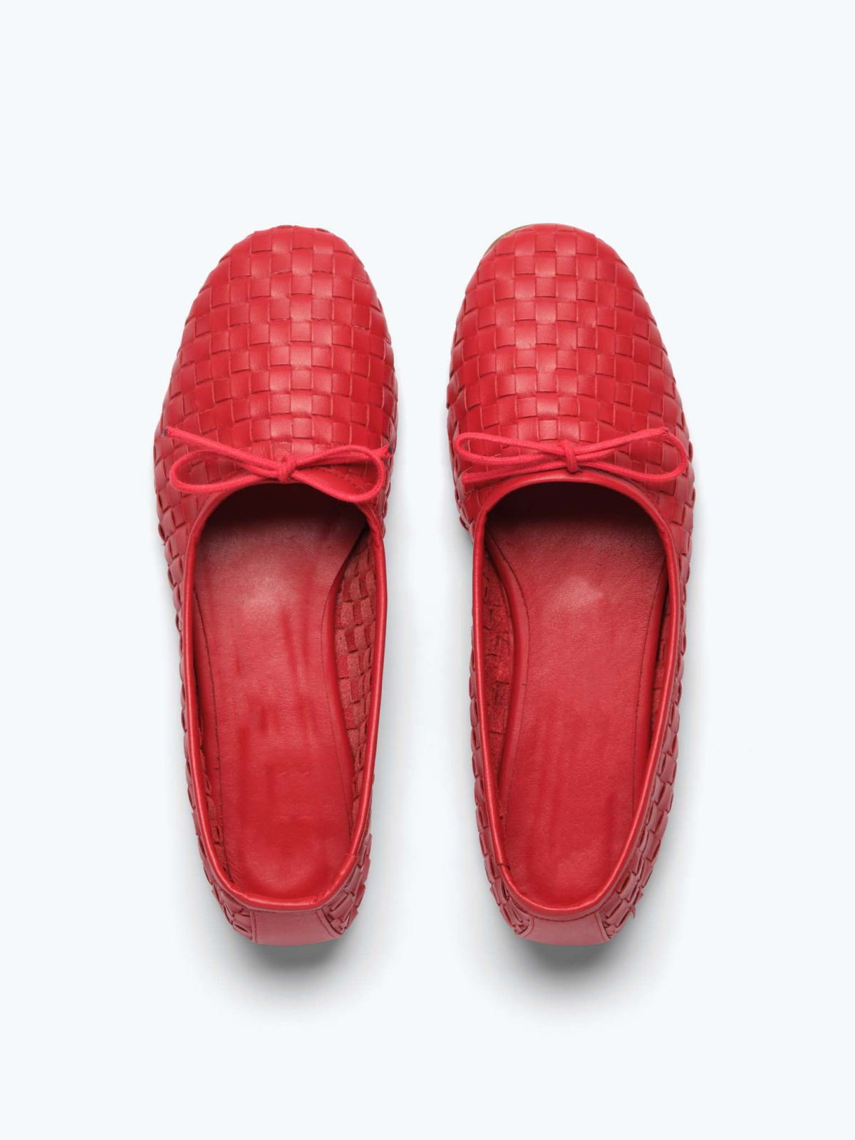 Crimson Red Woven Bow Round-Toe Ballerina Flats