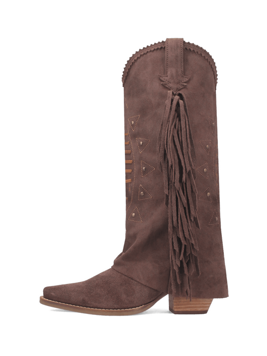 Fold-Over Faux Suede Snip-Toe Fringe Studded Running Stitch Wide Mid Calf Cowgirl Boots- Brown