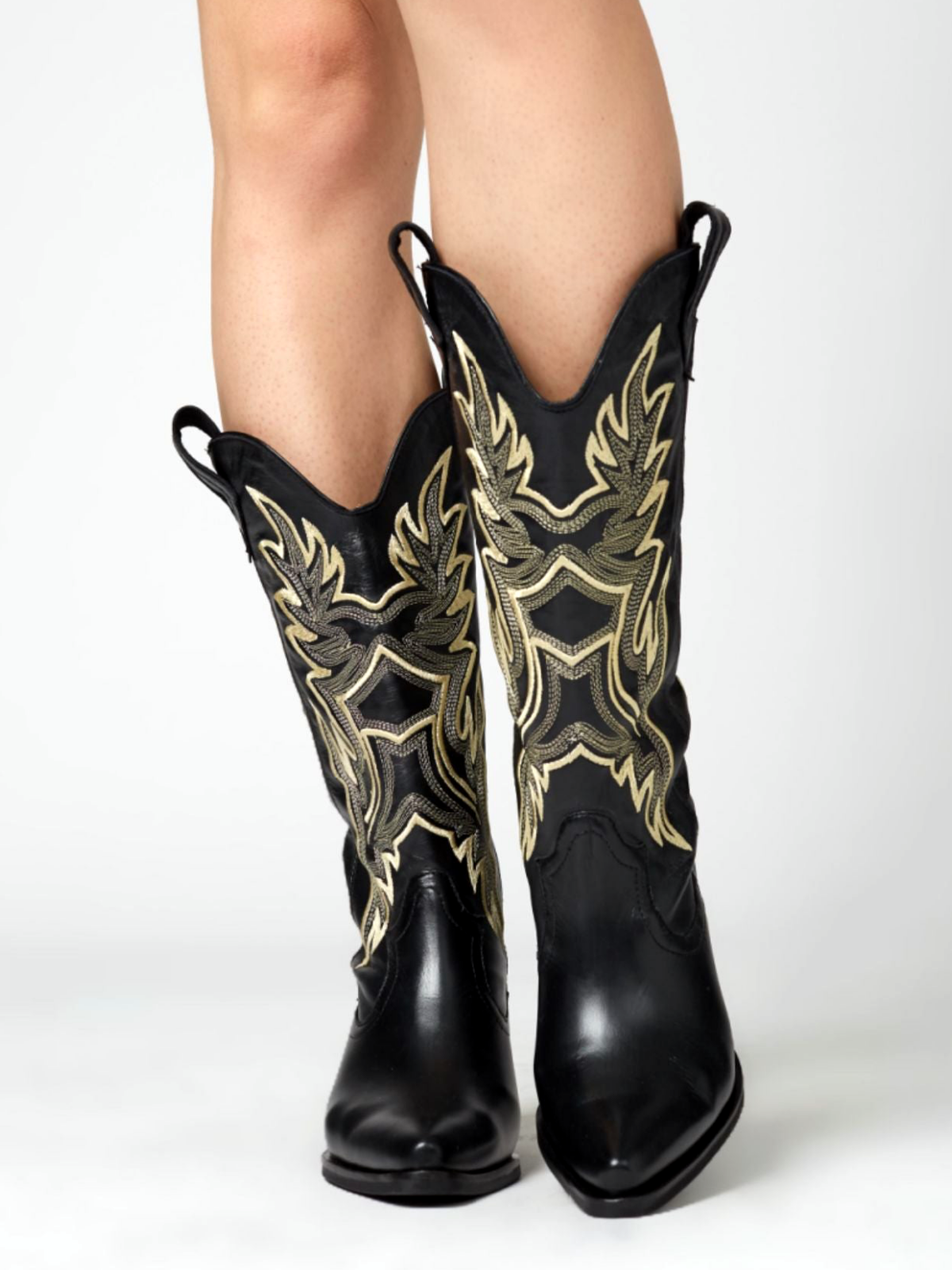 Black Vegan Leather Snip-Toe Embroidery Wide Mid Calf Tall Cowgirl Boots