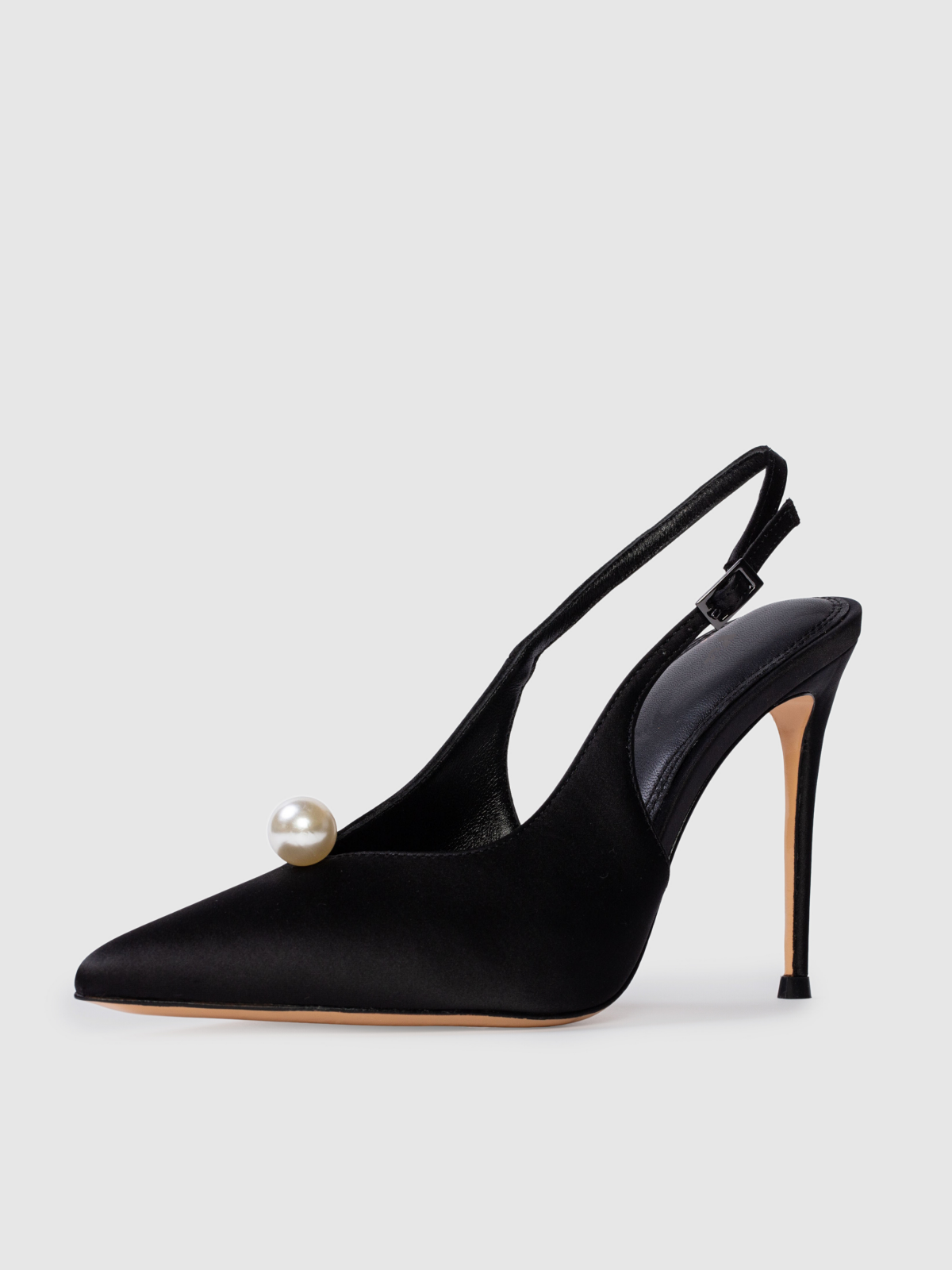 Black Satin Pointed-Toe Slingback Pump High Heels With Pearl