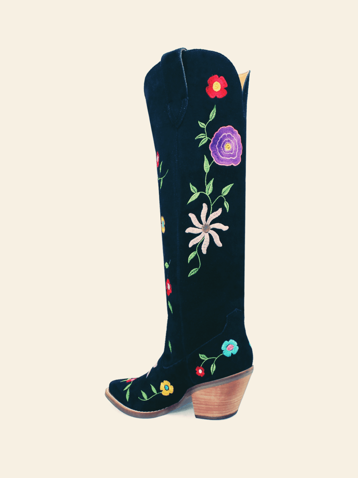 Black Flower Embroidery Faux Suede Wide Mid Calf Tall Cowgirl Western Boots