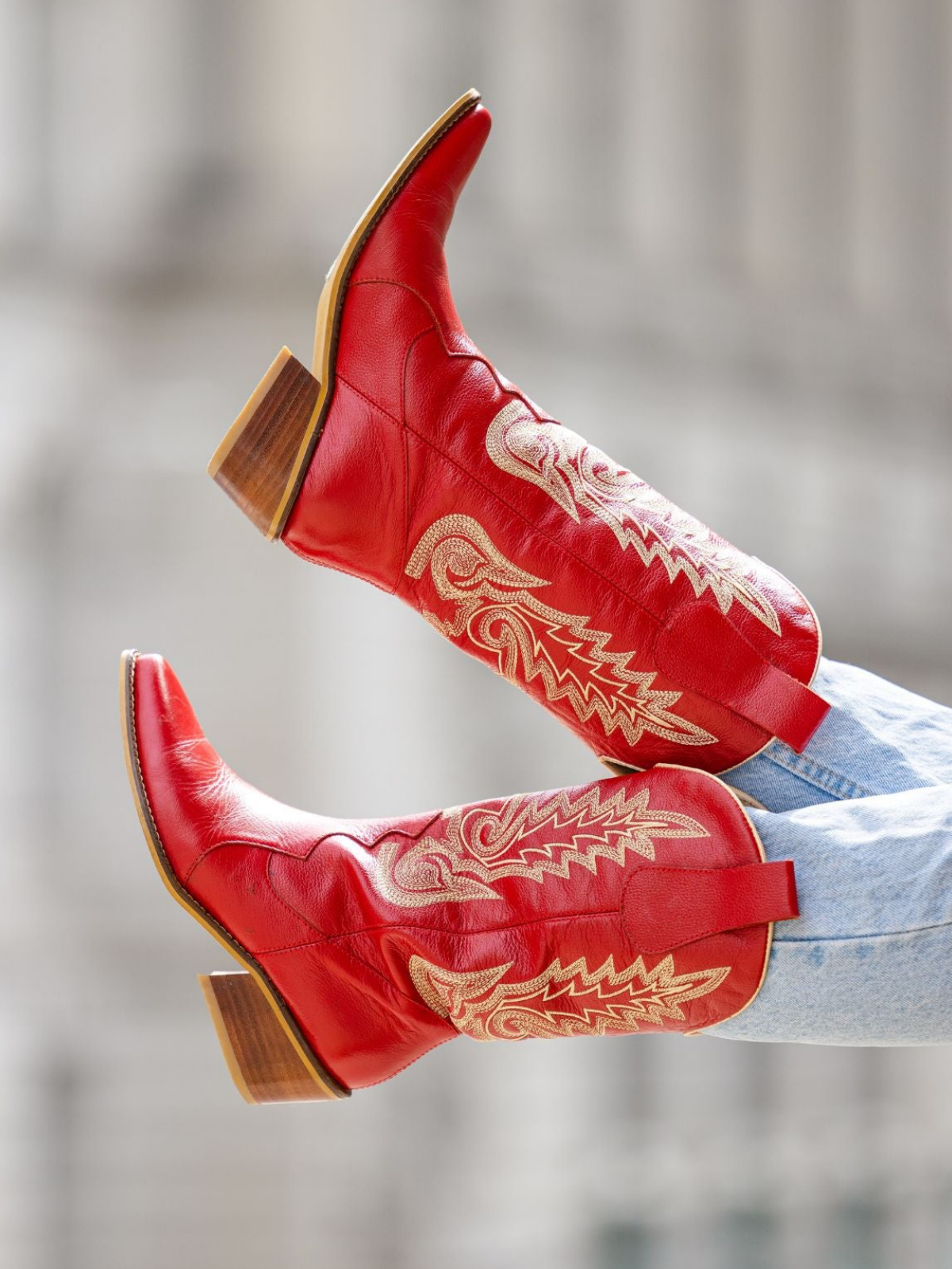 Red Pointed-Toe Embroidery Tall Wide Mid Calf Cowgirl Boots