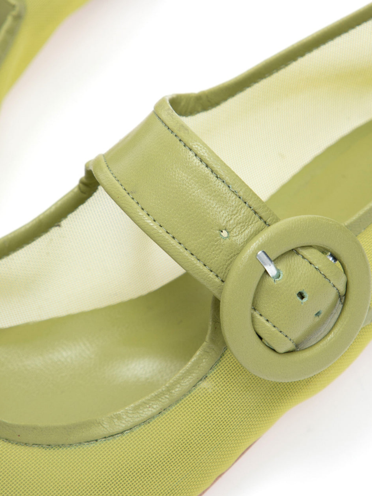 Lime Green Mesh Elongated Ballet Flats Mary Janes With Oversized Buckle