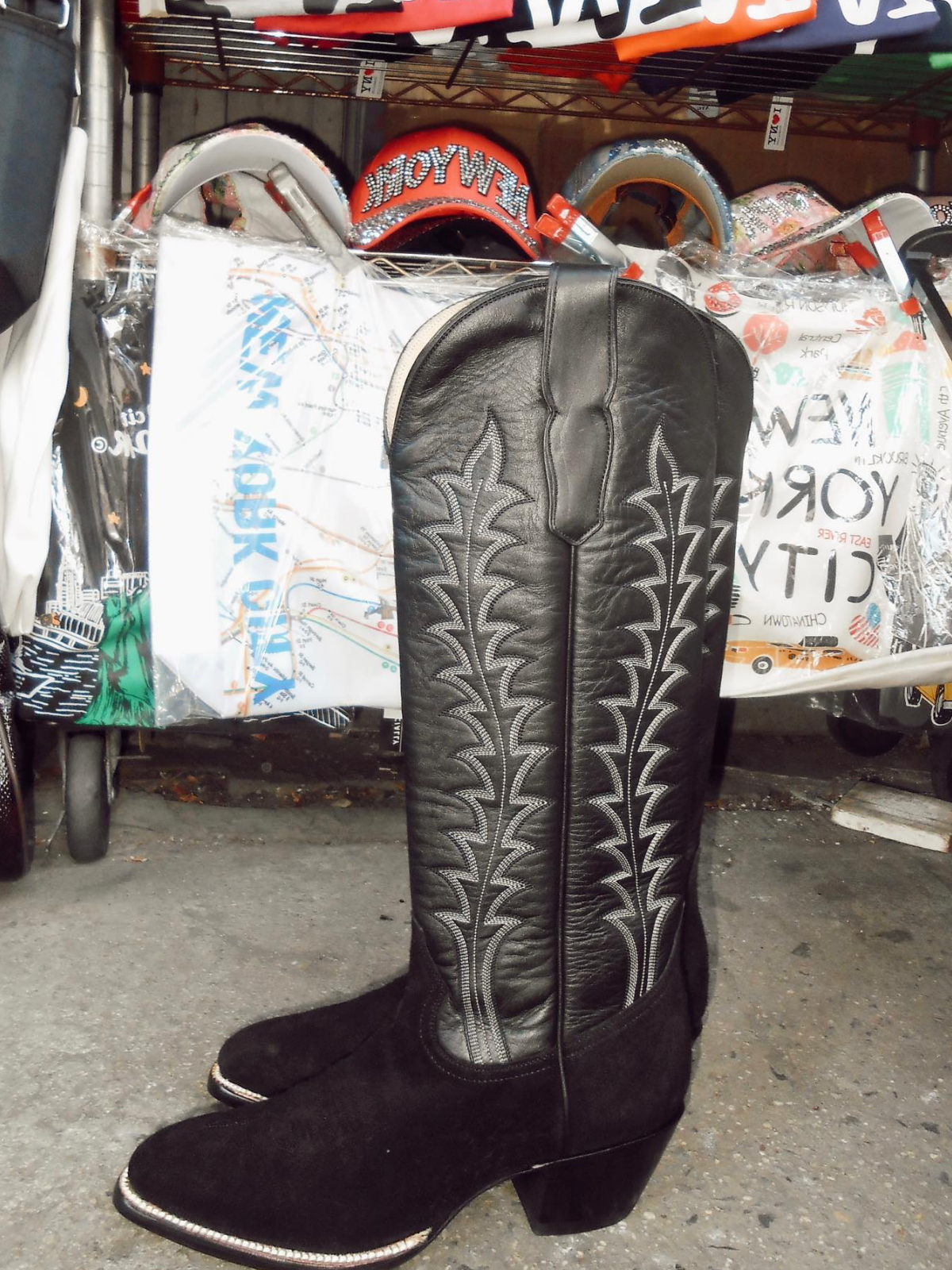 Faux Suede & Vegan Leather Embroidery Almond-Toe Wide Mid Calf Cowgirl Boots in Contrast Black