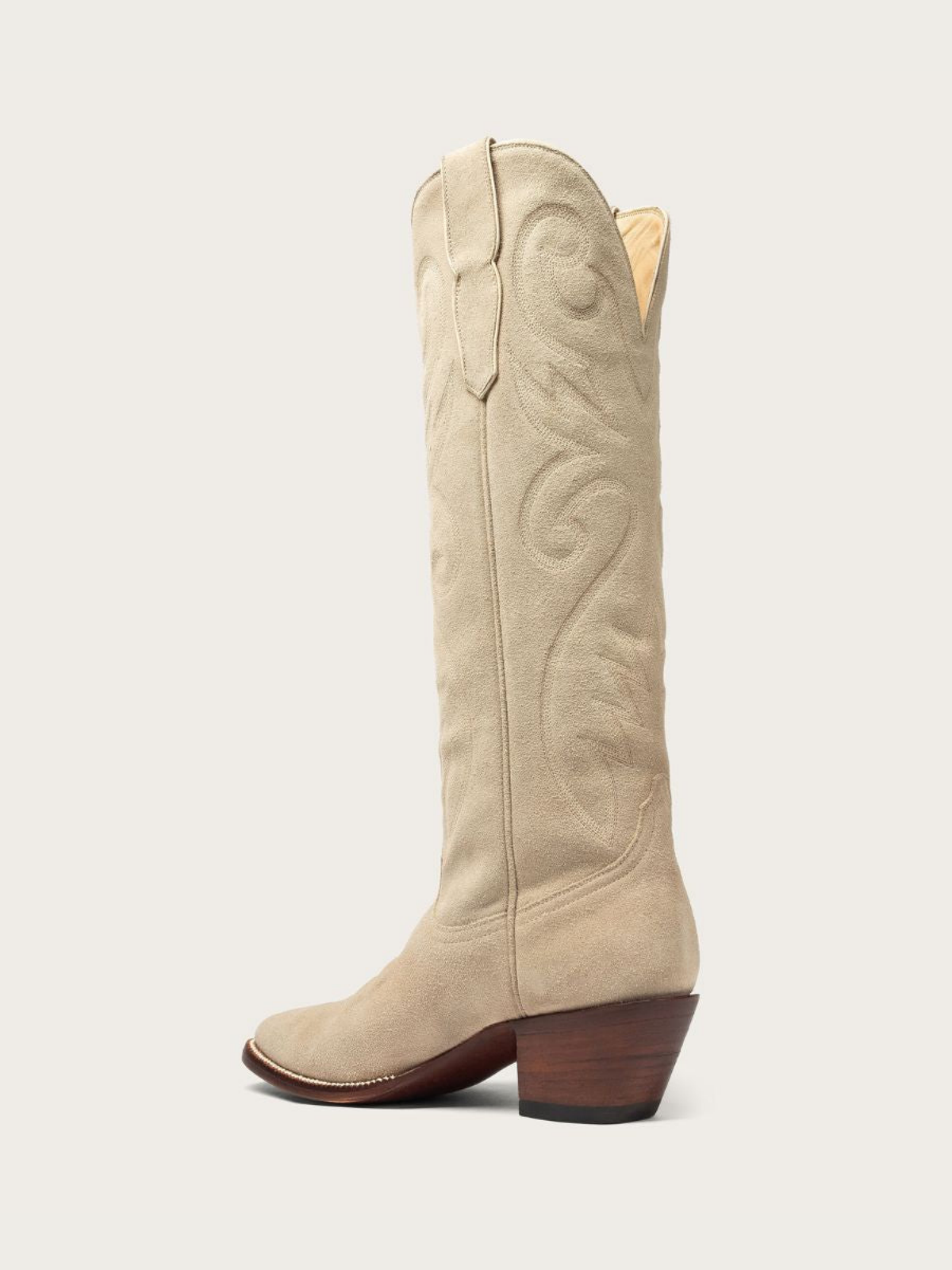 Bone Faux Suede Embroidery Almond-Toe Wide Mid Calf Tall Cowgirl Boots