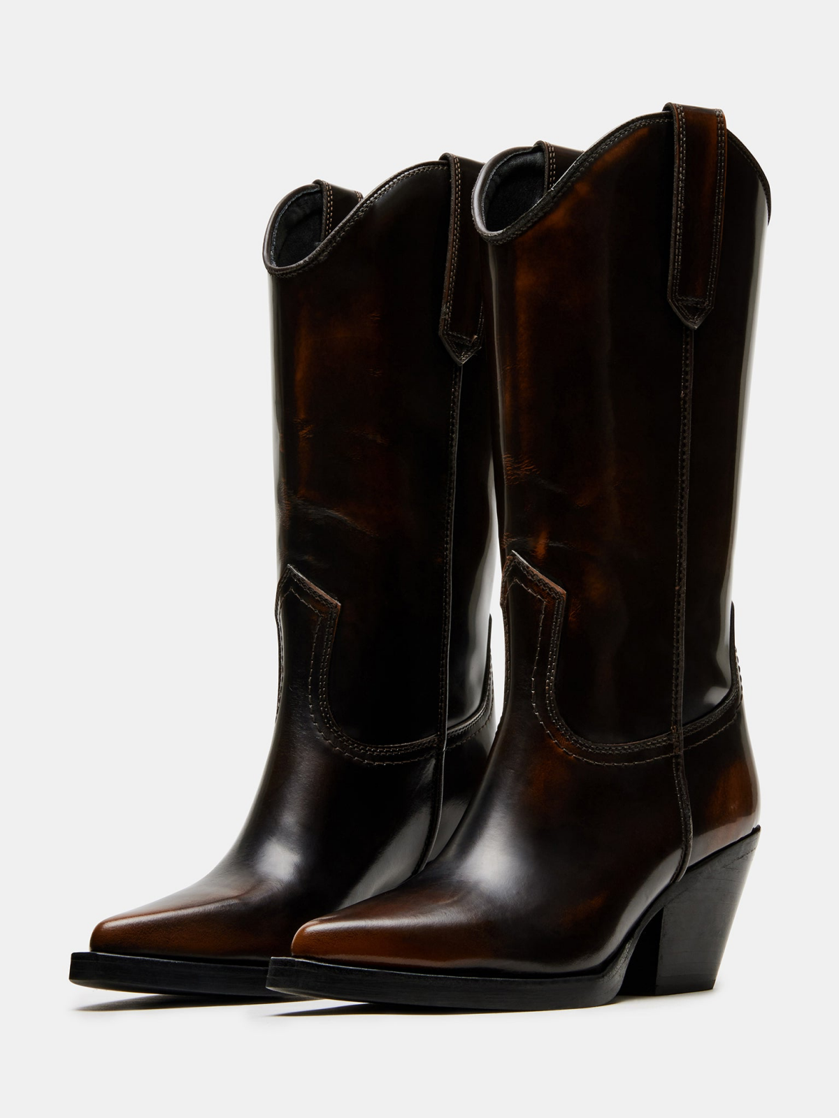 Dark Brown Pointed-Toe Classic Wide Mid Calf Cowgirl Boots