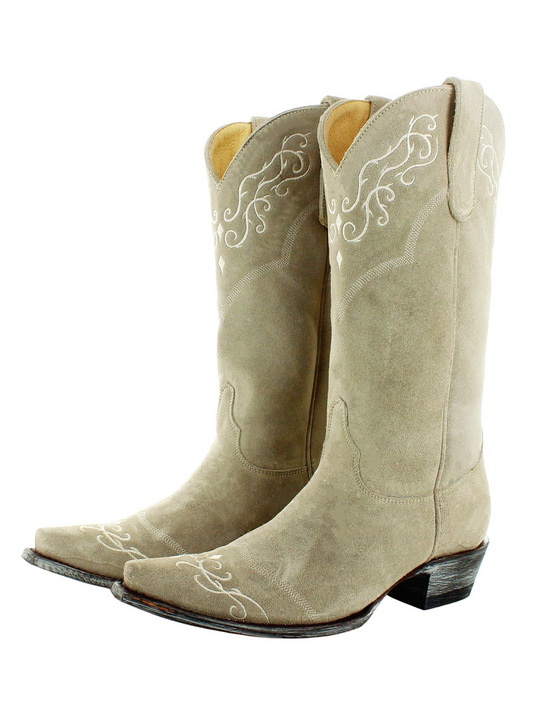 Beige Faux Suede Snip-Toe Embroidery Tall Wide Mid Calf Cowgirl Boots