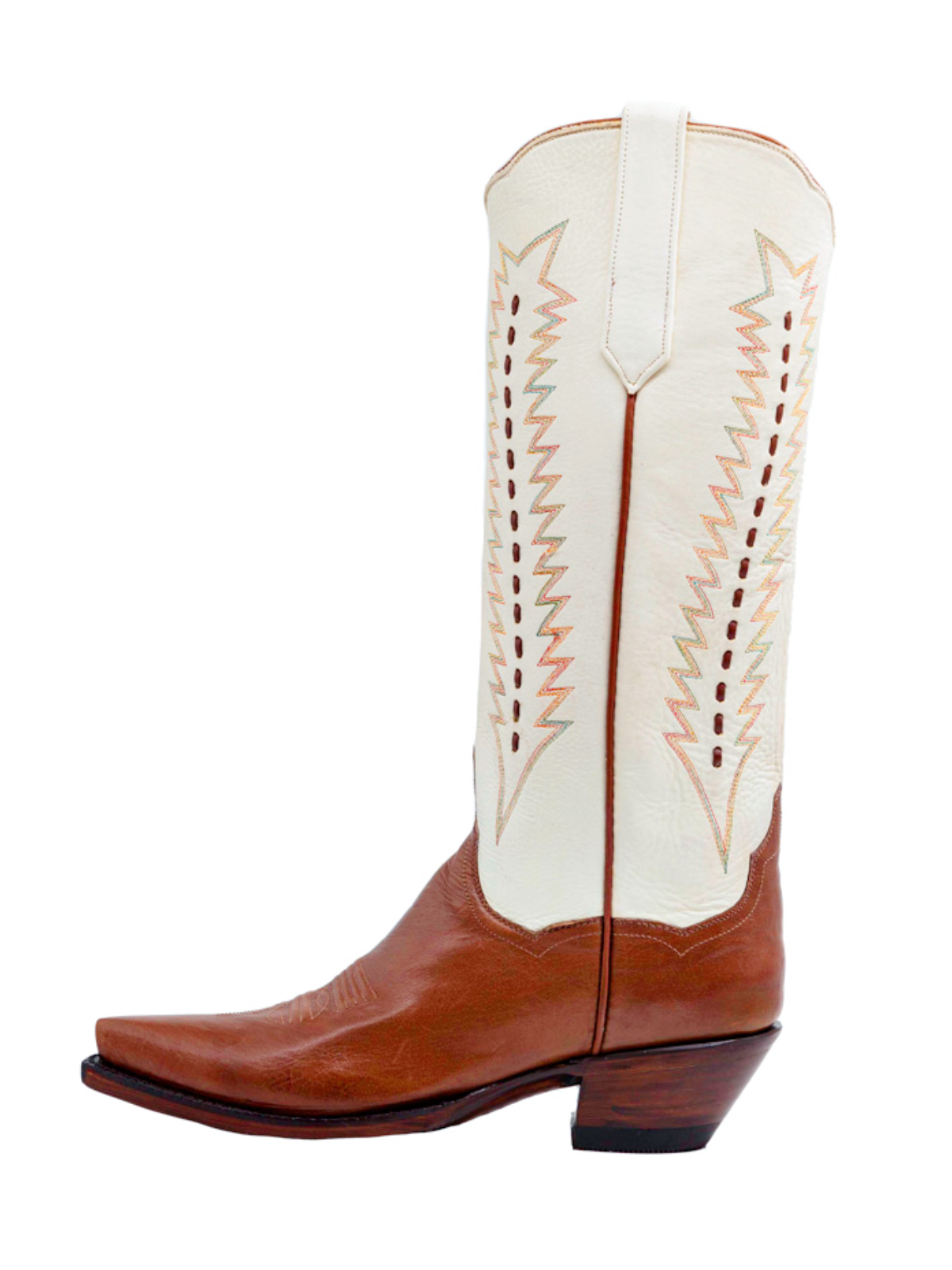 Contrast Cream And Cognac Snip-Toe Embroidery Running Stitch Wide Mid Calf Tall Cowgirl Boots