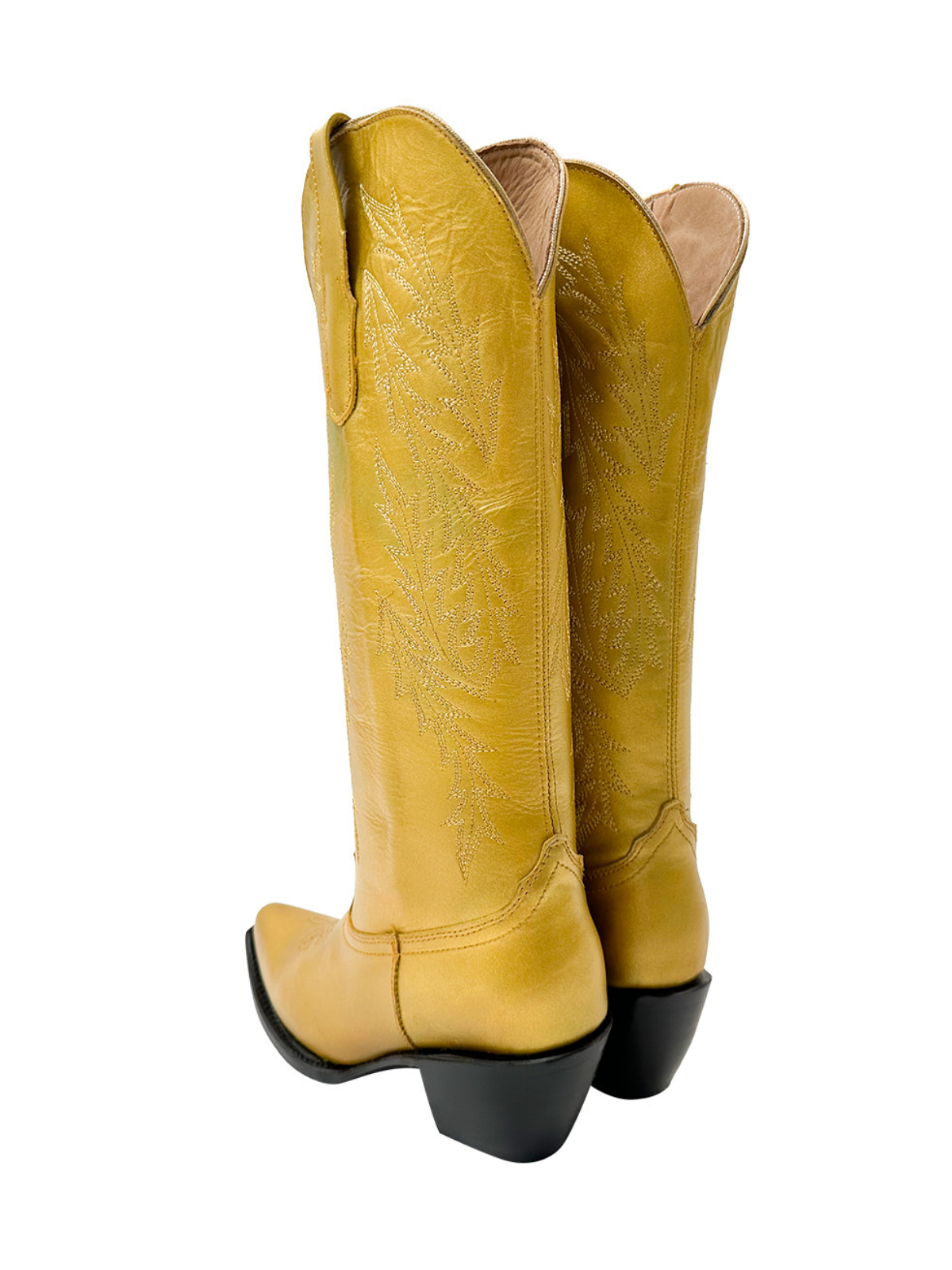 Metallic Snip-Toe Leaf Embroidery Half-Zip Mid Calf Tall Cowgirl Boots - Gold