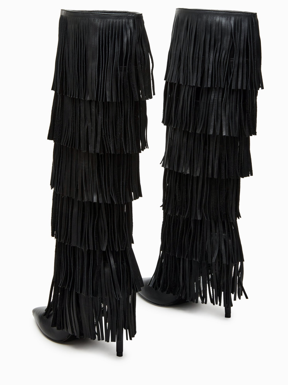 Black Pointed-Toe Fringe Wide Calf Tall Knee High Stiletto Boots