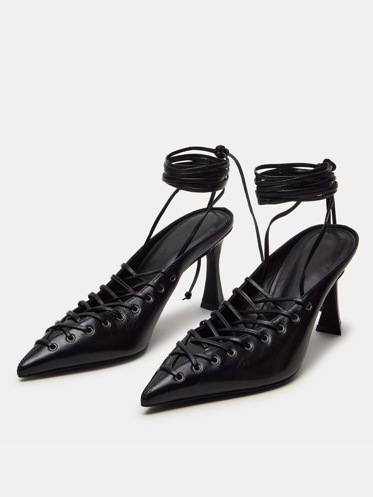 Black Pointed-Toe Lace-Up And Strappy Slingback Pump High Heels
