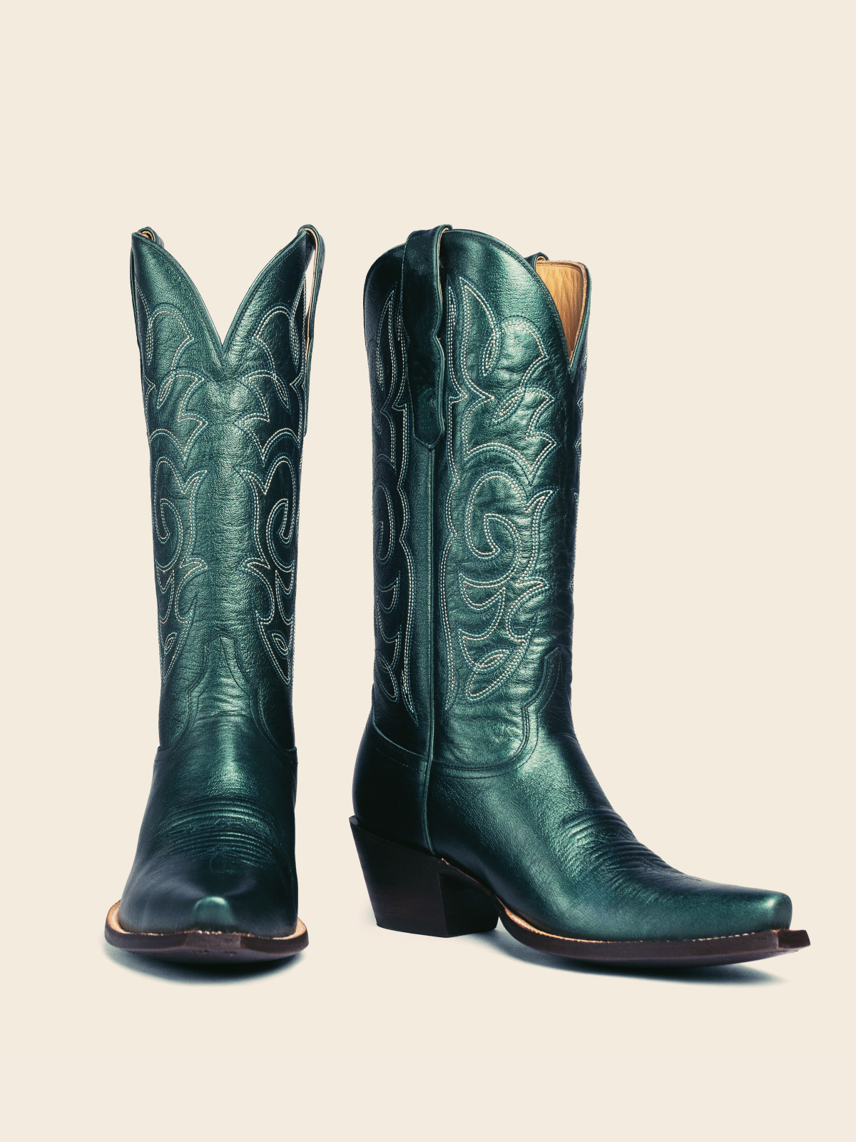 Metallic Green Embroidered Snip-Toe Mid Calf Western Boots Wide Calf Cowgirl Boots