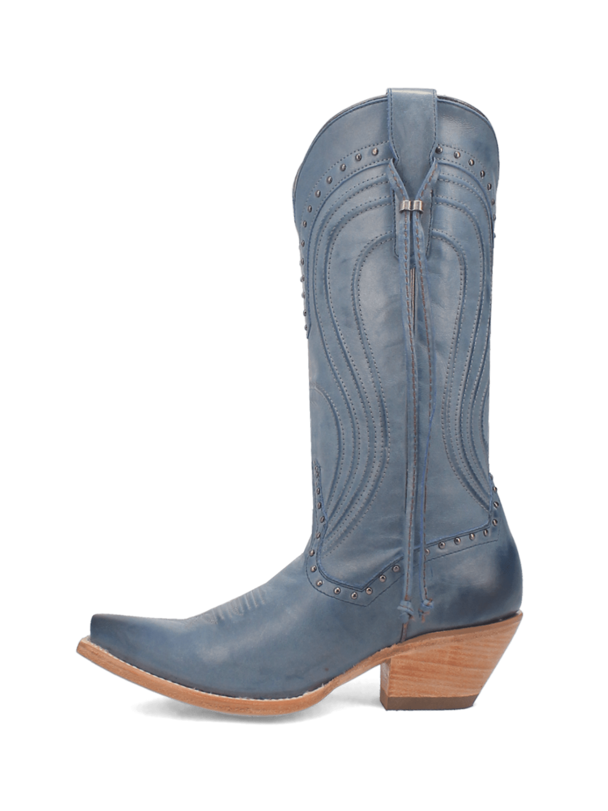 Blue Snip-Toe Studded Embroidery Pull-On Tab Tassel Wide Mid Calf Cowgirl Boots