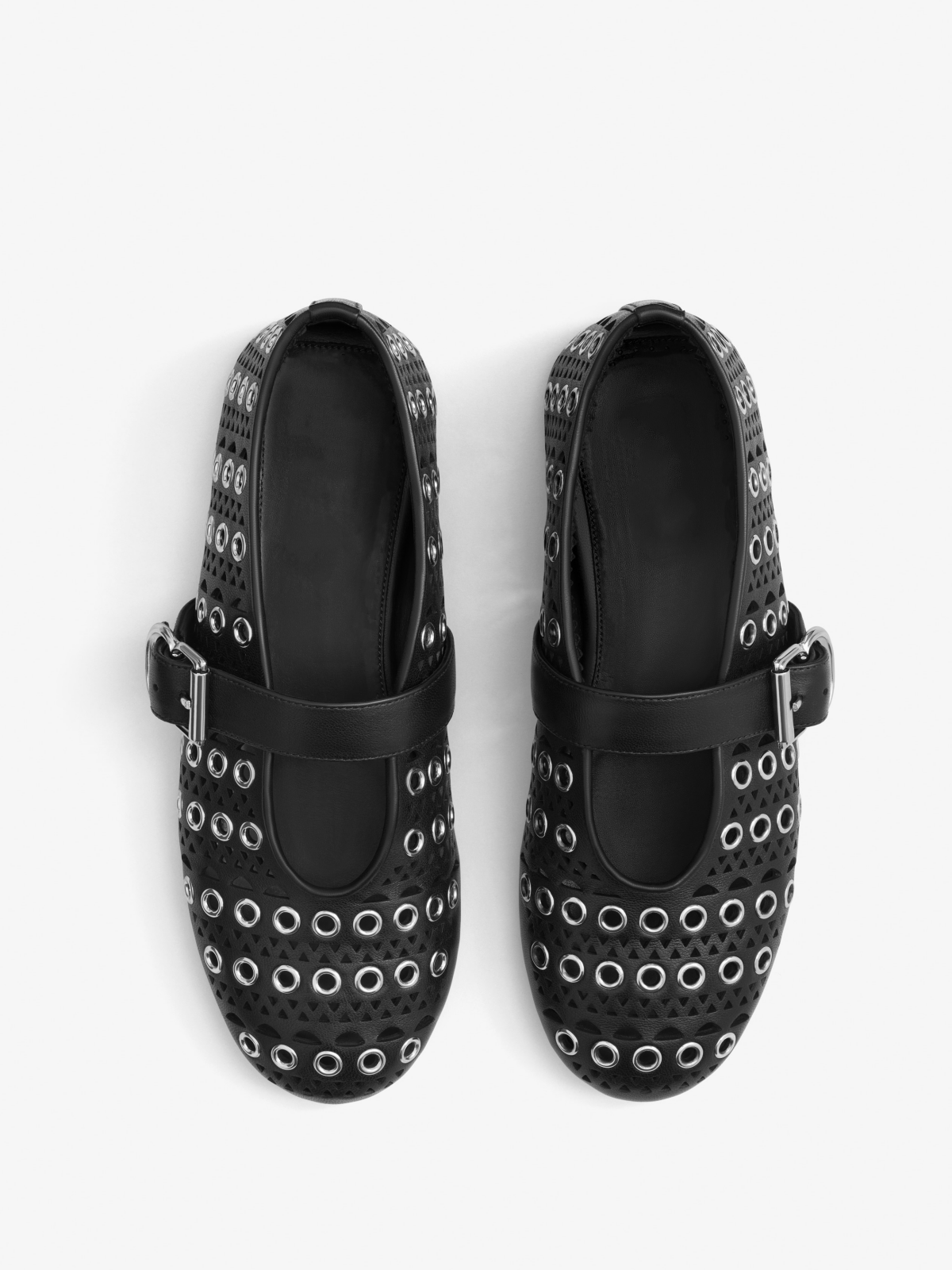 Black Round-Toe Bridge Strap Perforated Metallic Eyelets Ballet Flats