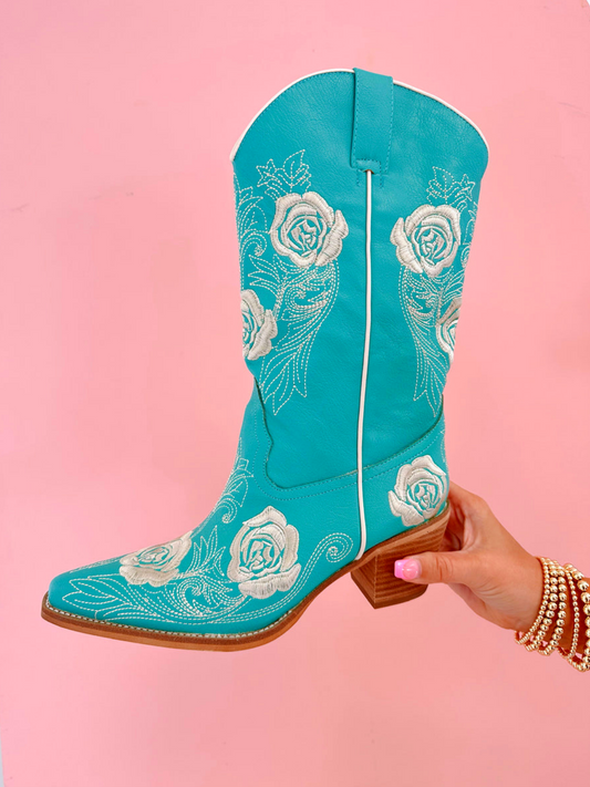 Turquoise Snip-Toe Wide Mid Calf Cowgirl Boots Western Boots With Rose Embroidery