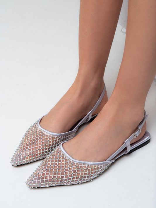 Silver Iridescent Rhinestone Pointy Slingback Ballerina Flats In Satin & Fishnet