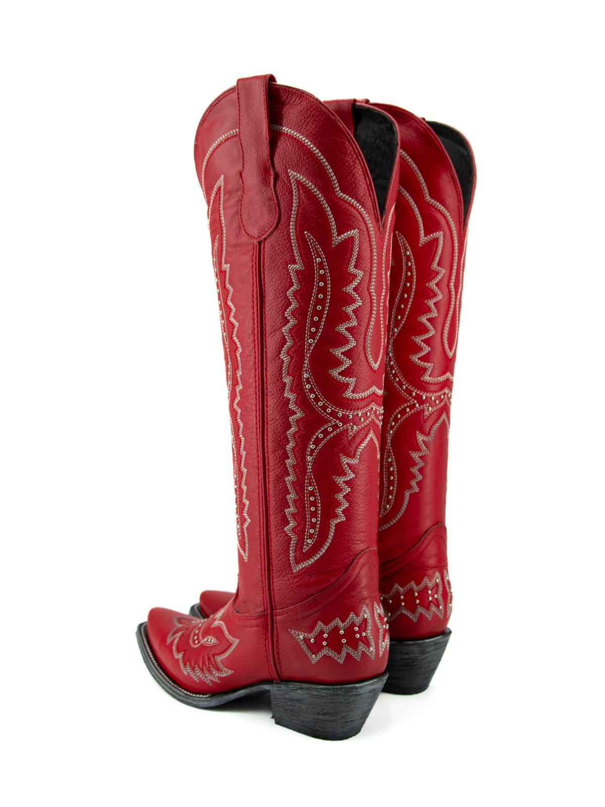 Red Studded Embroidery Snip-Toe Half-Zip Cowgirl Knee High Tall Boots