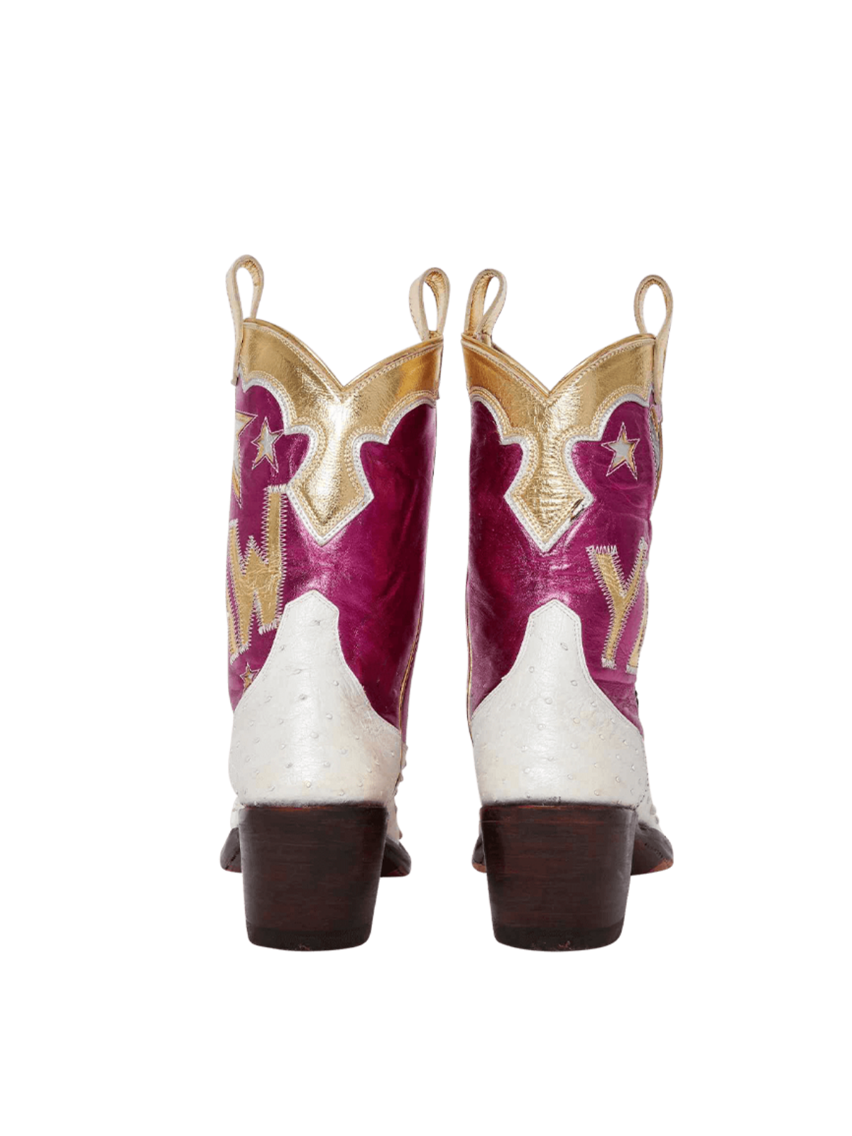 Contrast Tri-Color Ostrich-Textured And Metallic Vegan Leather Heart Star Letter Inlay Cowgirl Boots - Magenta