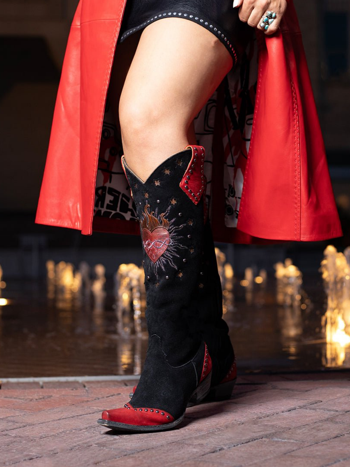 Contrast Black And Studded Red Snip-Toe Fire Heart Applique Star Inlay Wide Calf Knee High Cowgirl Boots