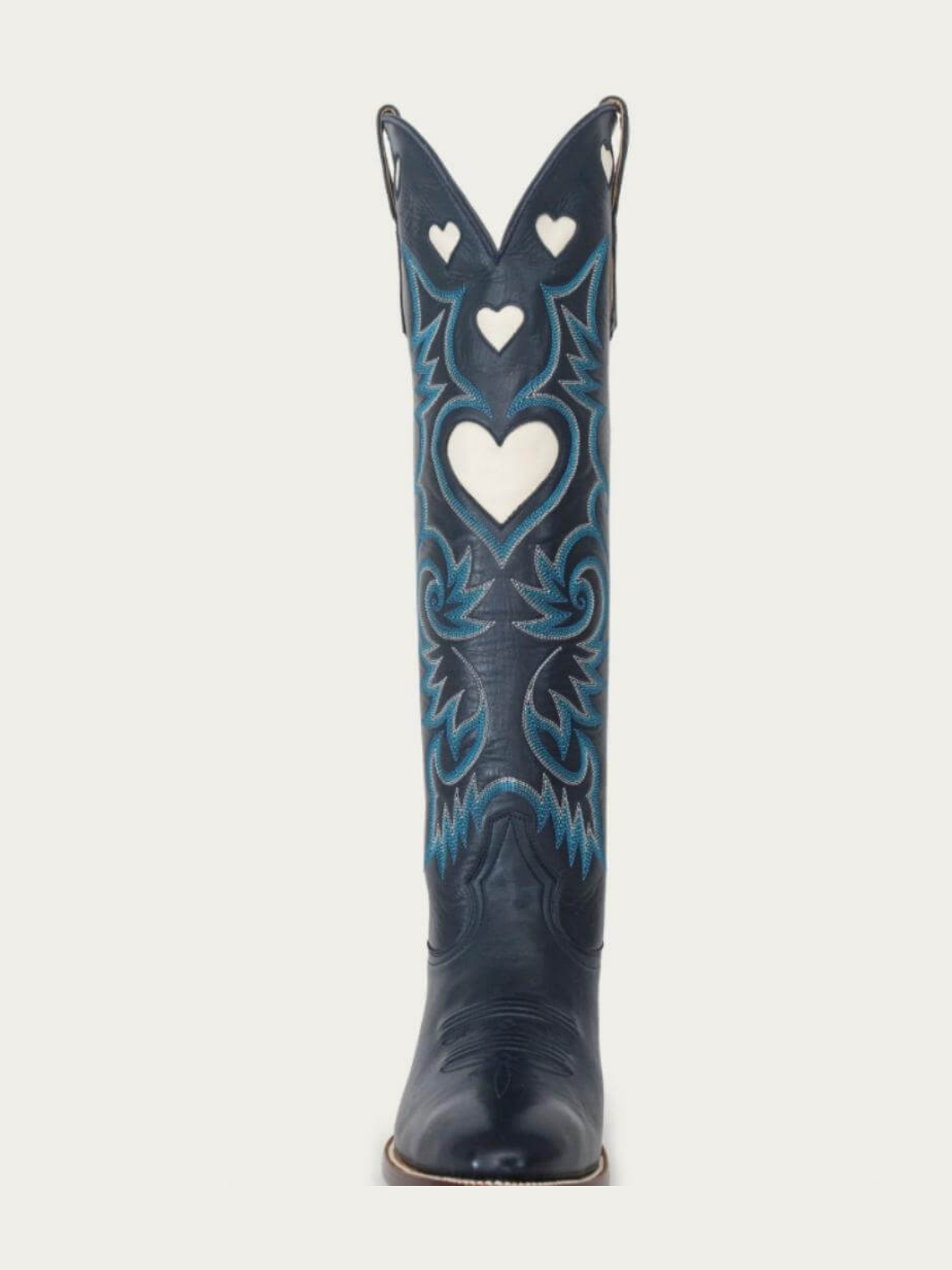 Ivory Heart Inlay Embroidery Almond-Toe Tall Wide Mid Calf Cowgirl Boots - Navy Blue