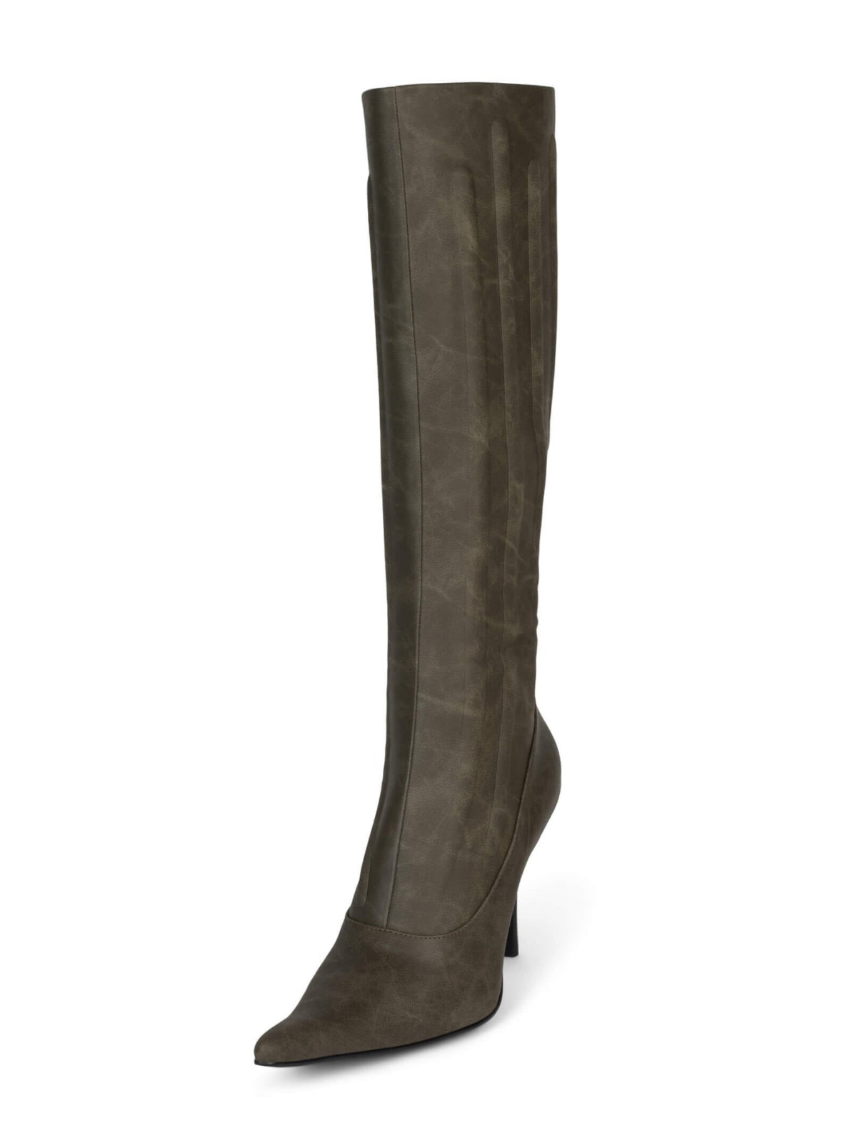 Distressed Olive Green Pointed-Toe Padded Full-Zip Mid Calf Stiletto Boots