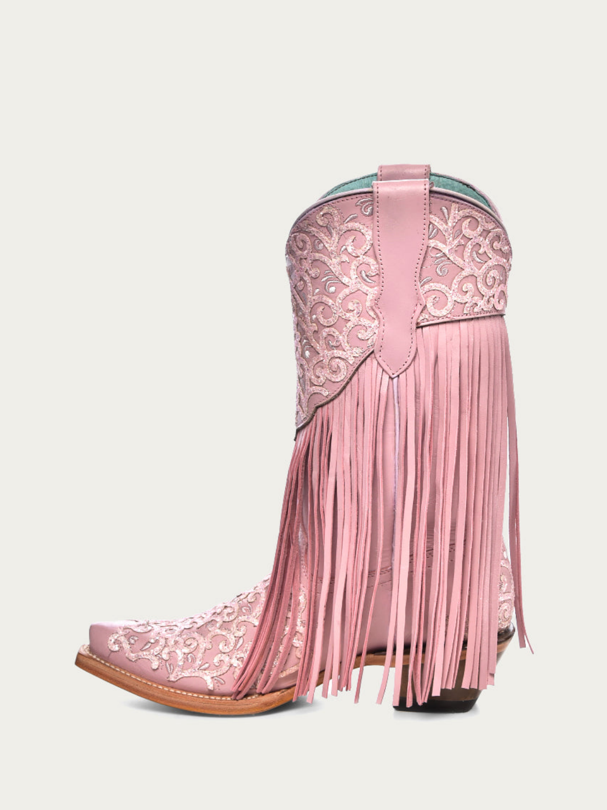 Blush Pink Snip-Toe Fringe Embroidery Filigree Glitter Applique Wide Mid Calf Cowgirl Boots