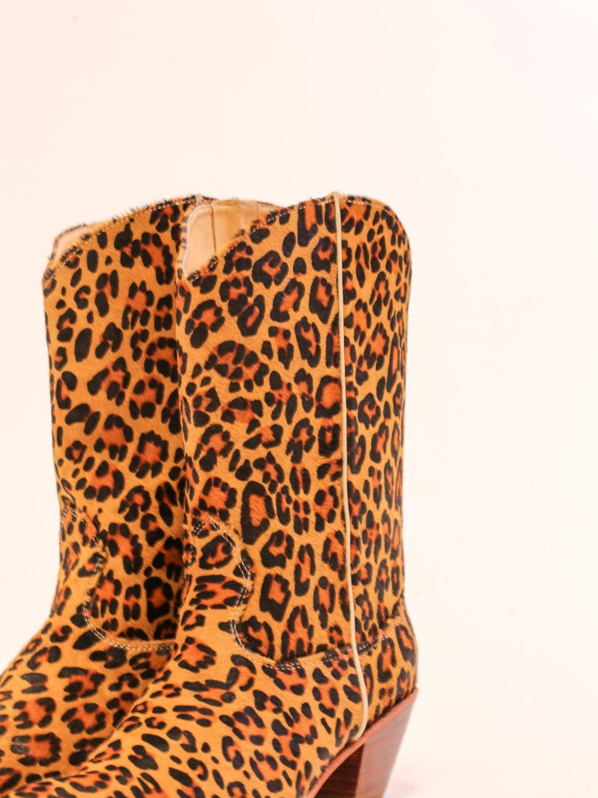 Faux Leopard Print Pony Hair Almond-Toe Back-Zip Mid Calf Cowgirl Boots