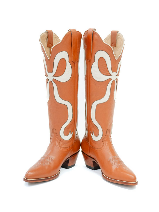 Latigo Almond-Toe Wide Calf Western Boots Knee High Tall Boots With Ivory Bowknot Inlay