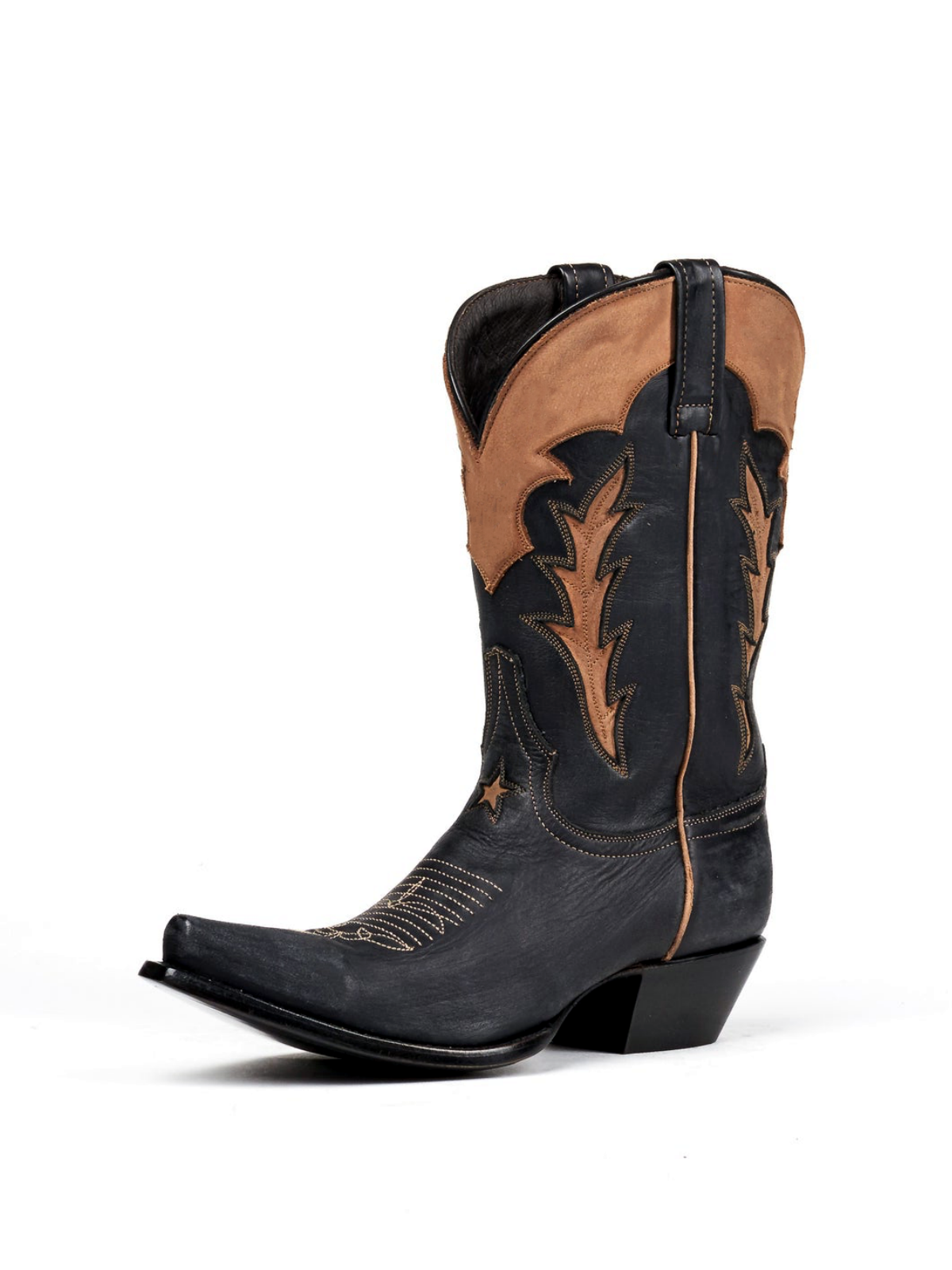 Black Snip-Toe Tan Inlay Applique Wide Mid Calf Cowgirl Boots