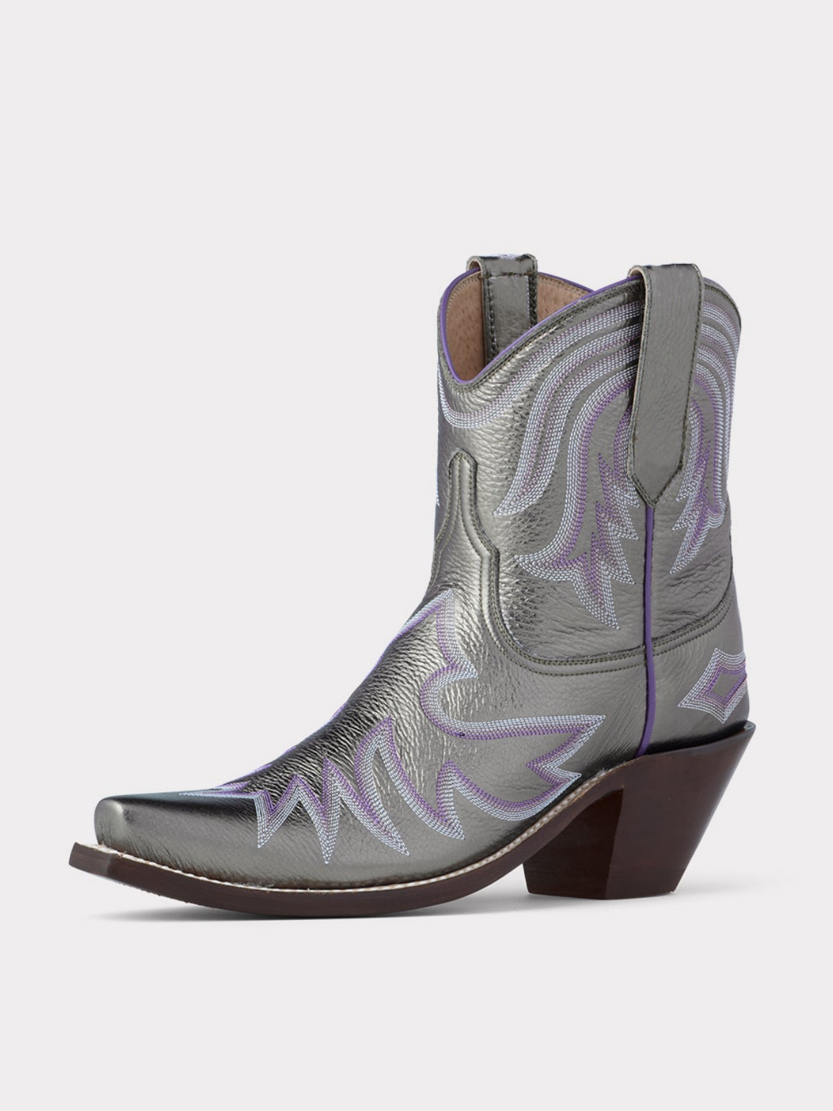 Metallic Pewter Snip-Toe Embroidery Wide Mid Calf Cowgirl Boots