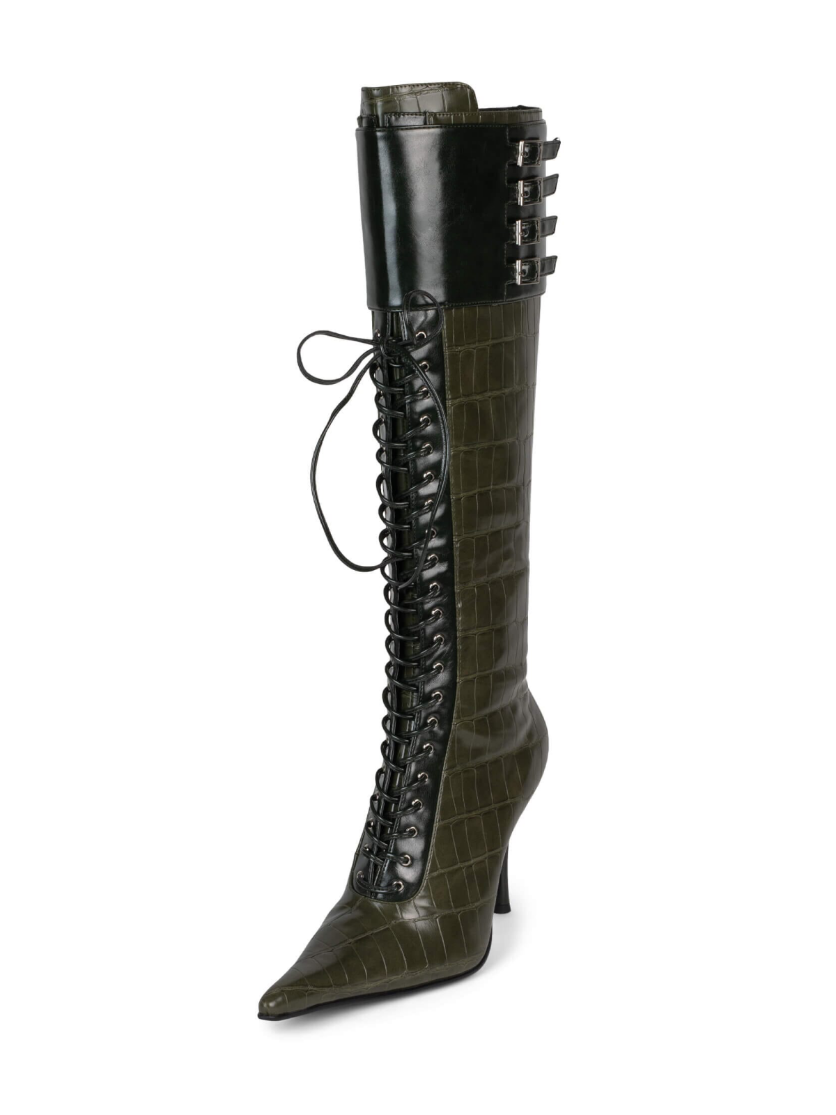 Dark Green Croc-Embossed Vegan Leather Wide Mid Calf Stiletto Boots With Lace-Up And Buckle Cuff