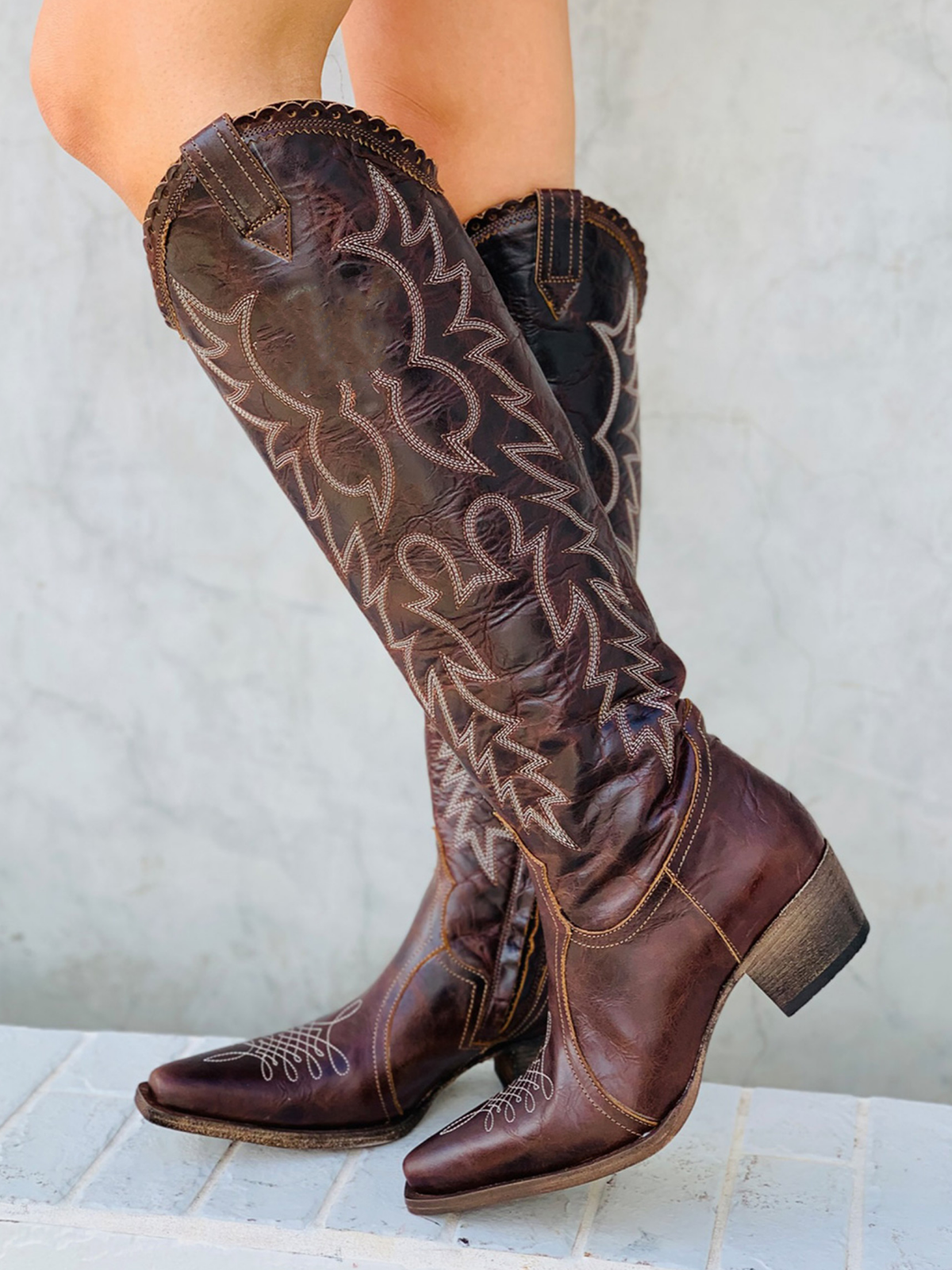 Snip-Toe Classic Embroidery Half-Zip Knee High Tall Cowgirl Boots - Brown