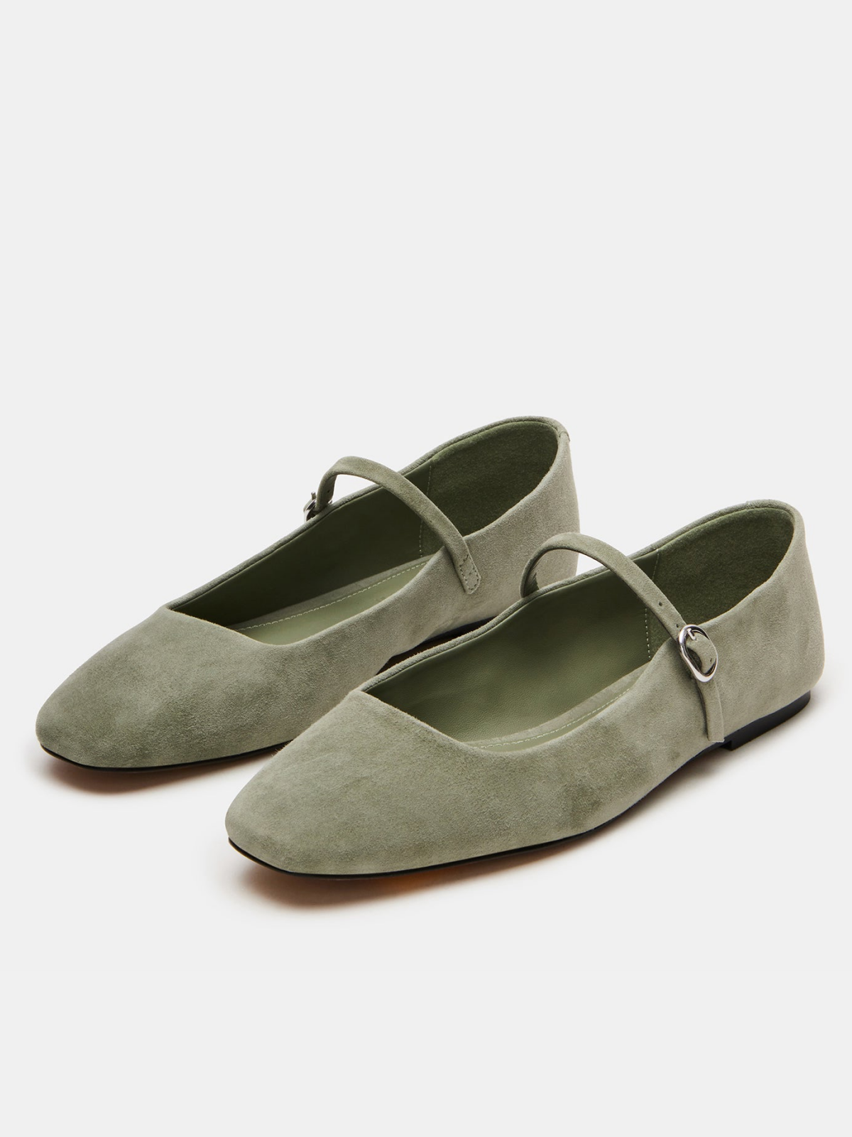 Gray Faux Suede Square-Toe Mary Janes Ballet Flats With Bridge Strap