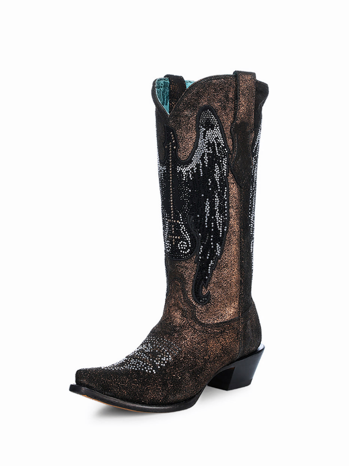 Metallic Bronze Snip-Toe Studded Rhinestone Wide Mid Calf Tall Cowgirl Boots