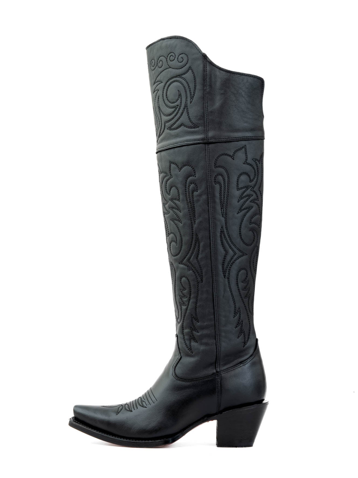 Black Snip-Toe Half-Zip Embroidery Tall Knee High Cowgirl Boots