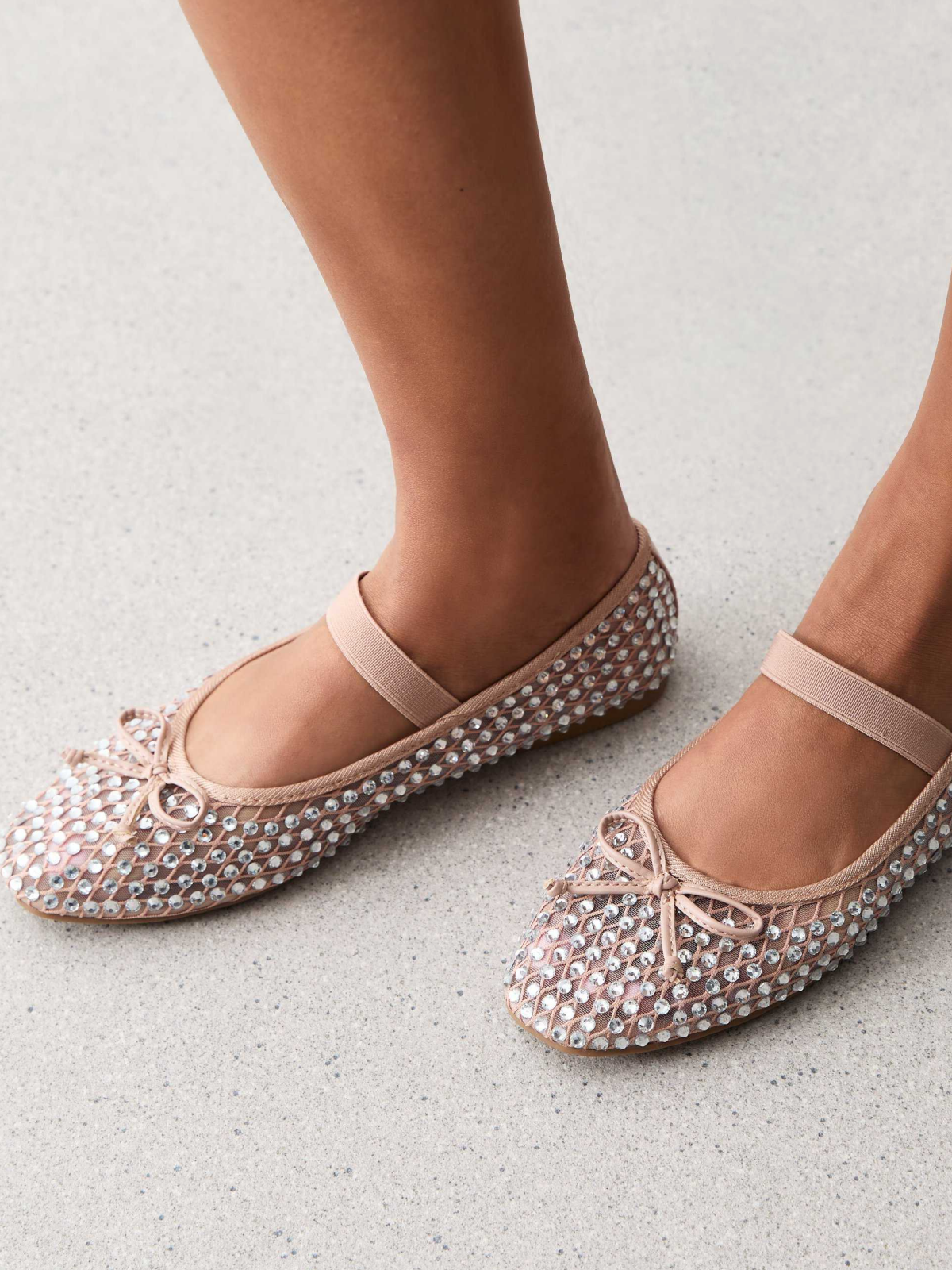 Beige Bow Fishnet Strass Ballet Flats Mary Janes With Full-Embellished Rhinestone