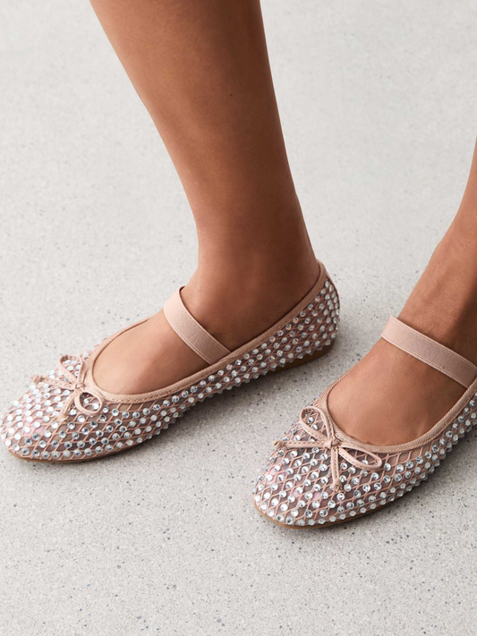 Beige Bow Fishnet Strass Ballet Flats Mary Janes With Full-Embellished Rhinestone