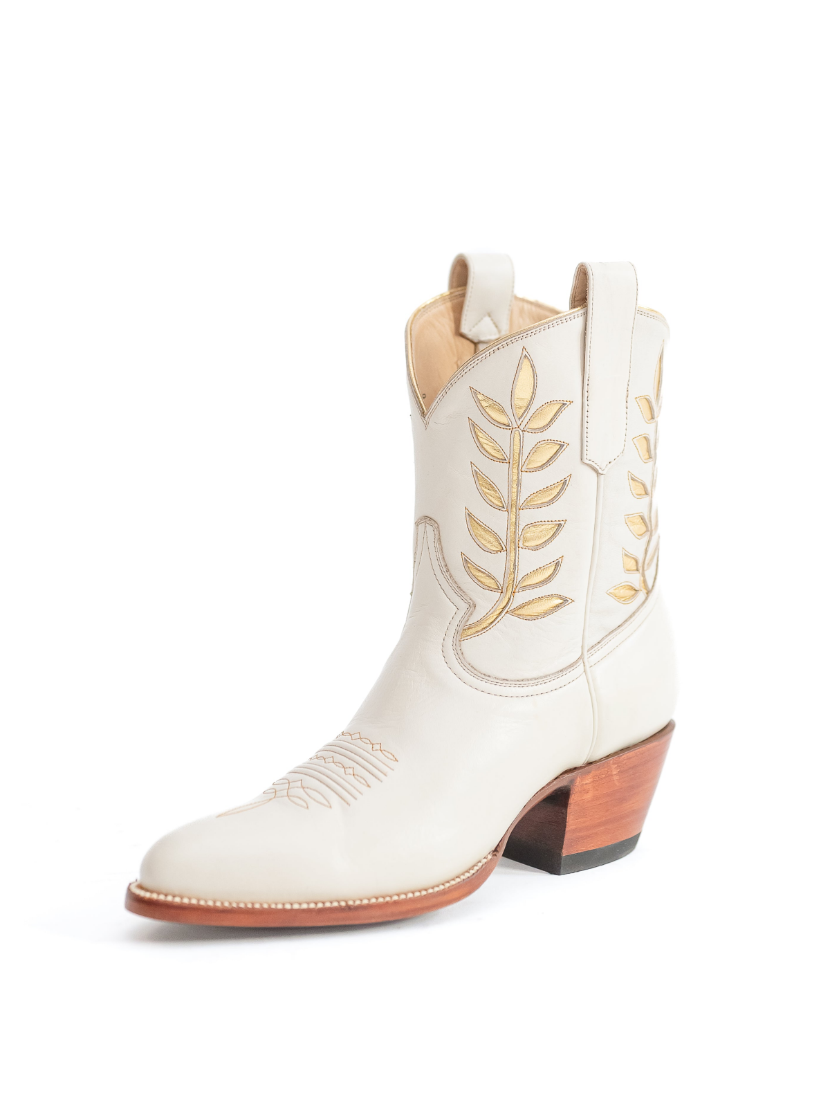 White Almond-Toe Metallic Gold Leaves Inlay Wide Mid Calf Cowgirl Boots