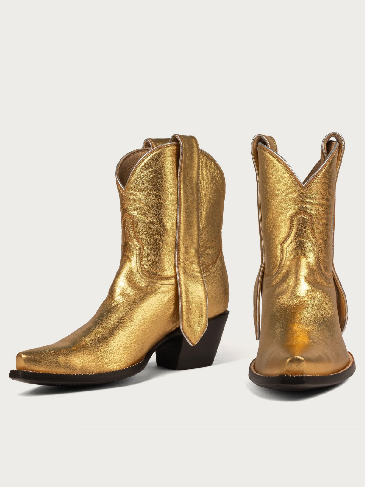 Metallic Gold Snip-Toe Elongated Mule Ear Pull Wide Mid Calf Boots