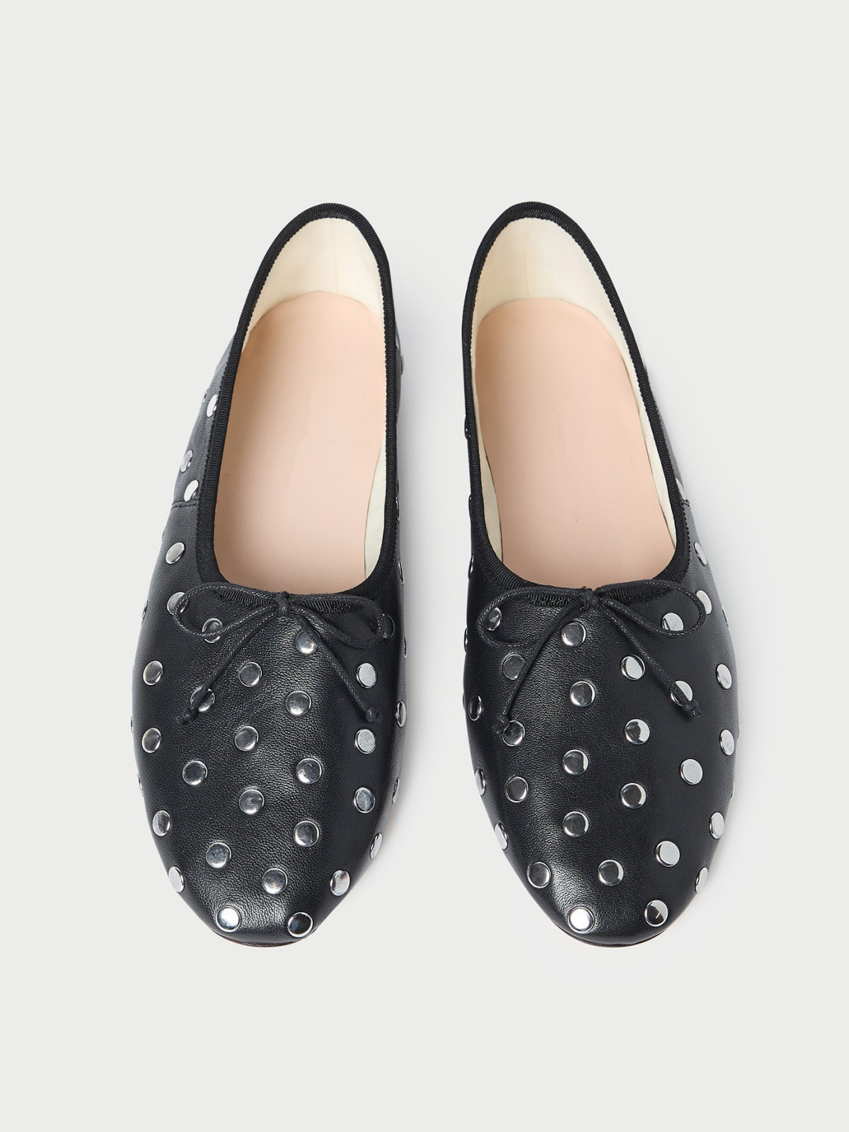 Black Almond-Toe Bow Ballet Flats With Silver Studs