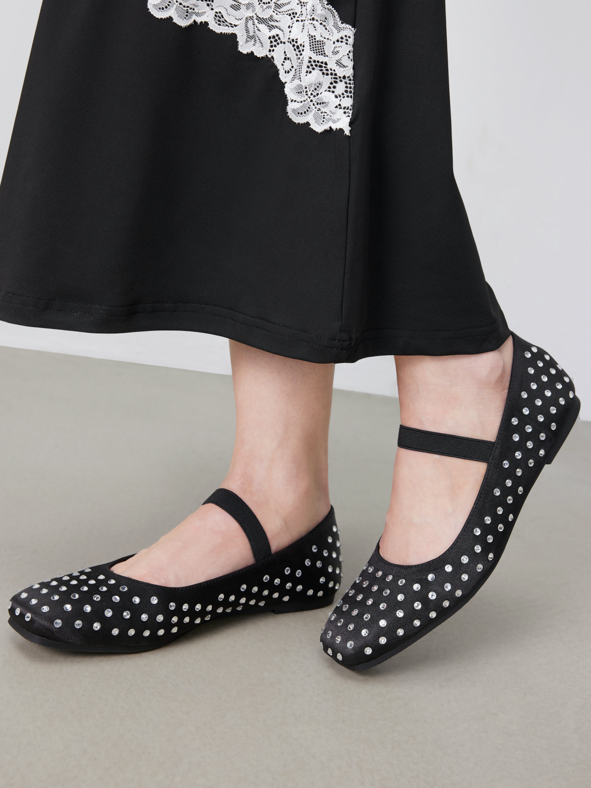 Black Satin Rhinestone Square-Toe Ballet Flats Mary Janes With Elastic Strap