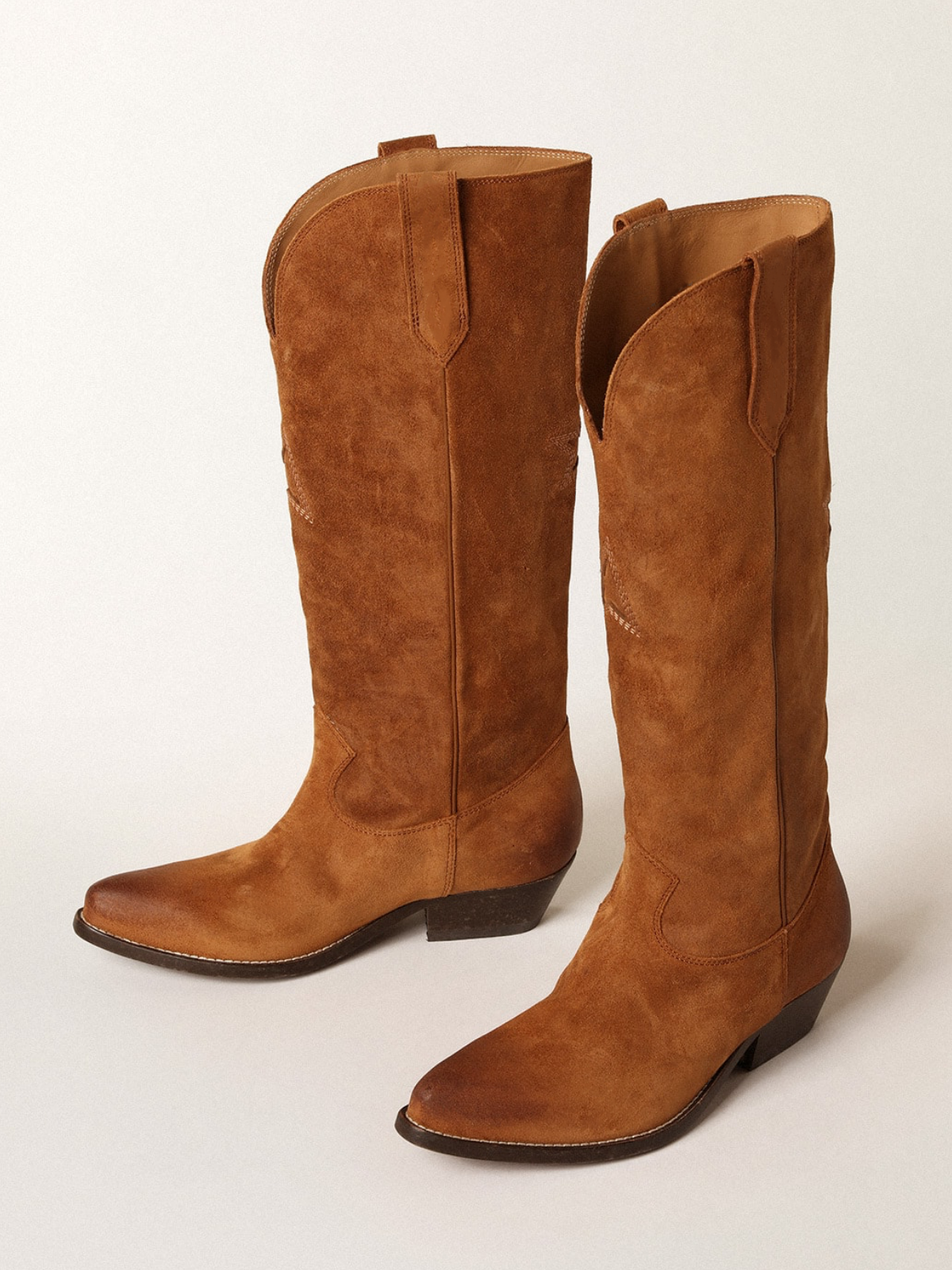 Cognac Faux Suede Snip-Toe Star Inlay Wide Calf Tall Knee High Cowgirl Boots