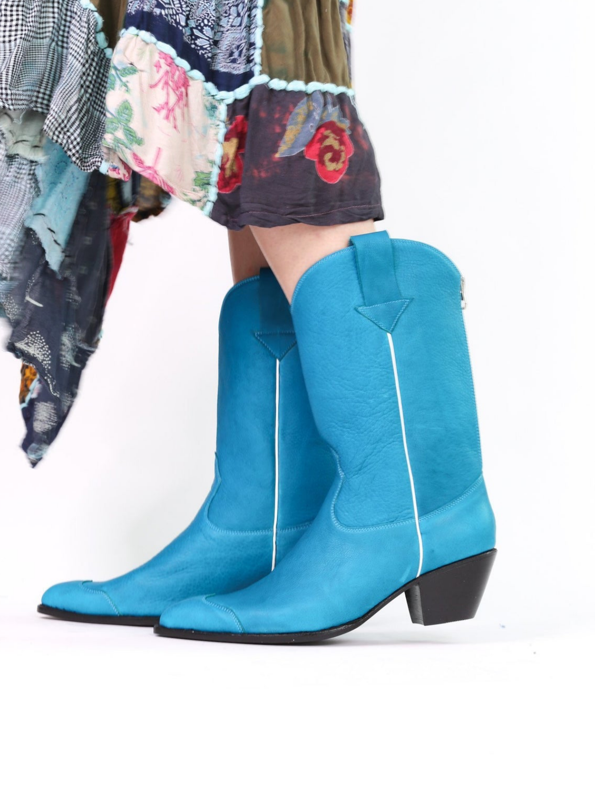 Turquoise Vegan Leather Almond-Toe Back-Zip Mid Calf Cowgirl Boots