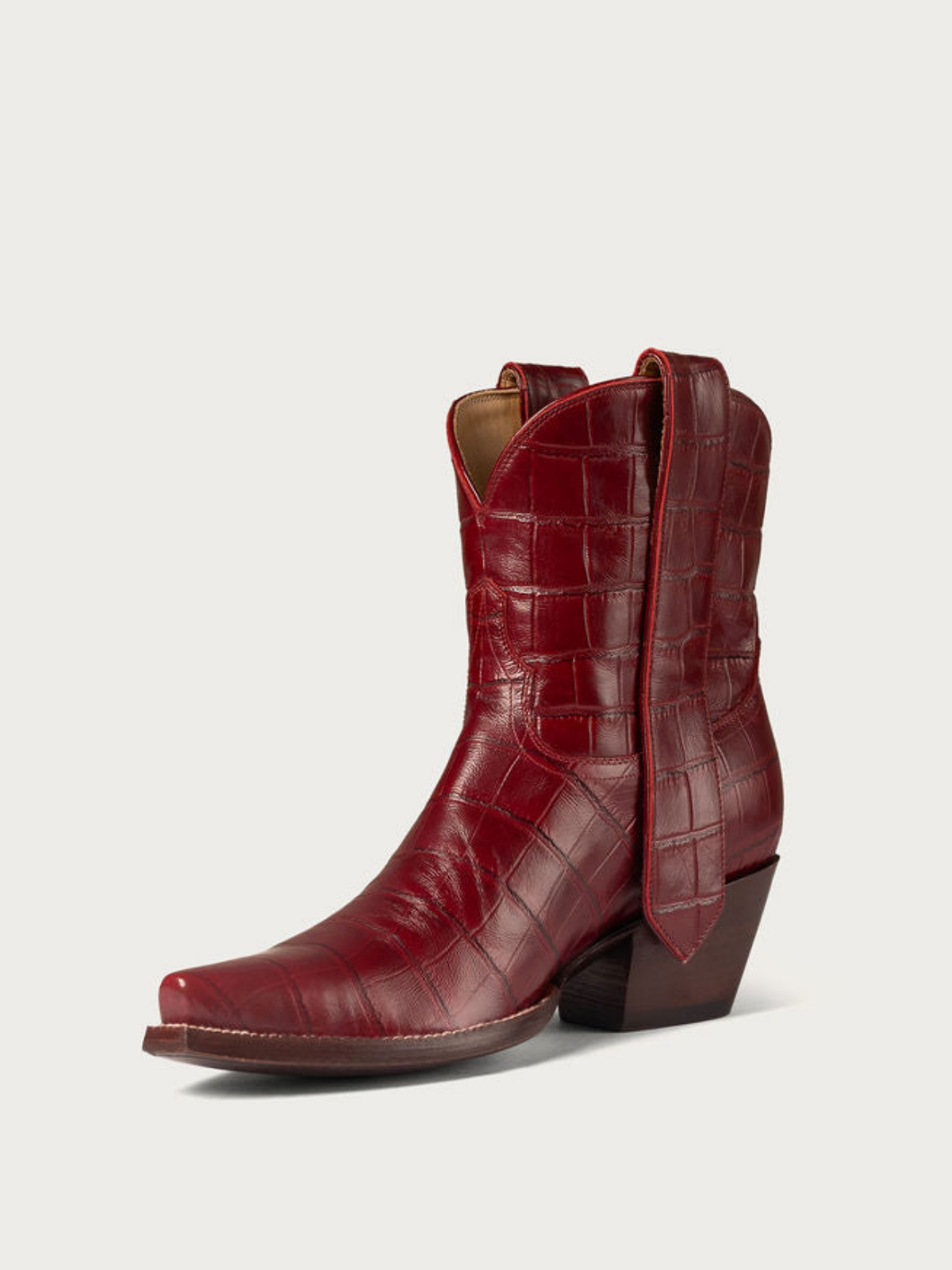 Wine Red Crocodile-Embossed Snip-Toe Wide Mid Calf Cowgirl Boots