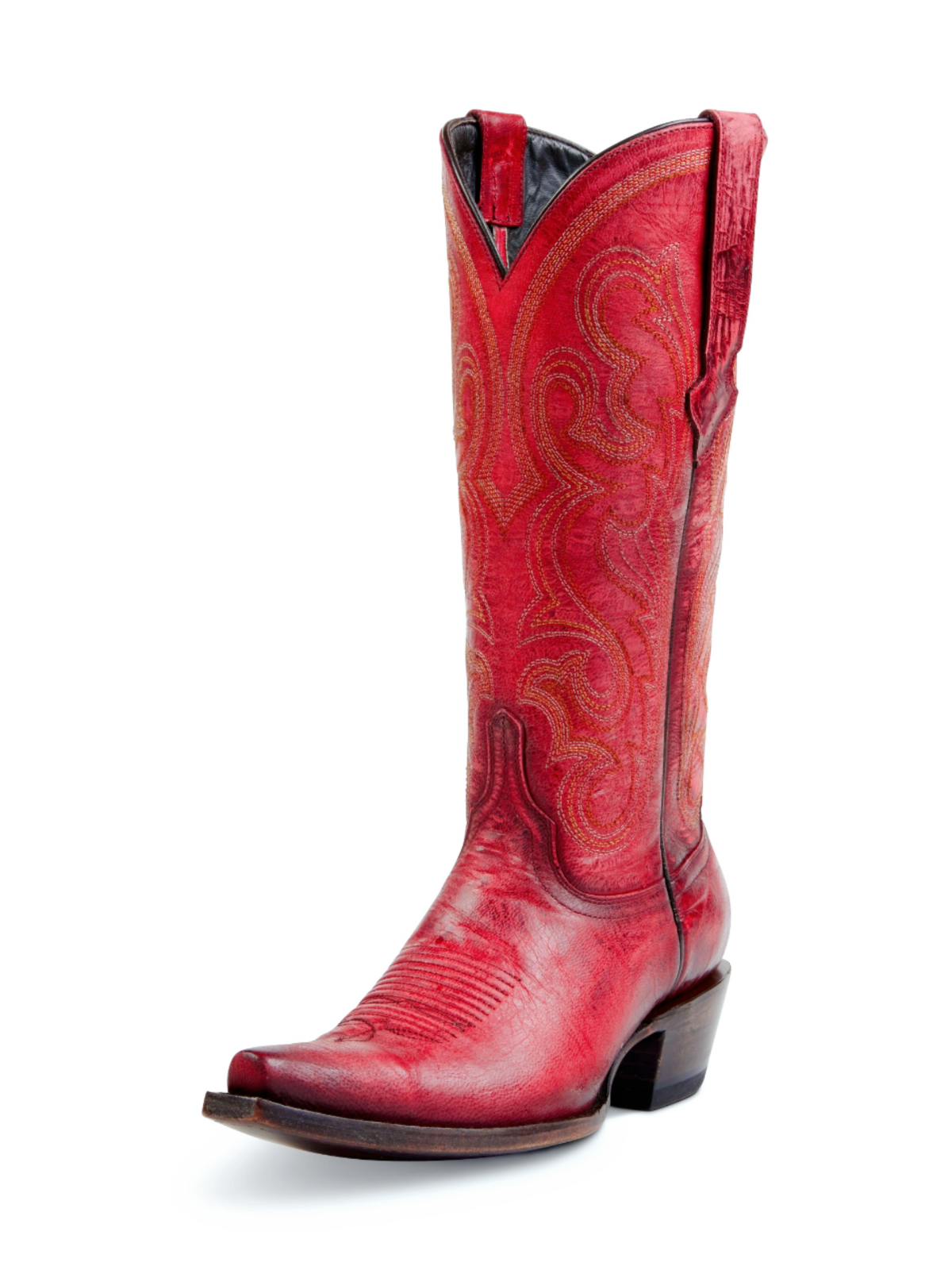 Distressed Red Embroidery Snip-Toe Wide Mid Calf Tall Cowboy Boots For Women