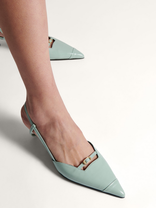 Mint Green Buckled Strap Pointy Kitten Heels Slingback Pumps