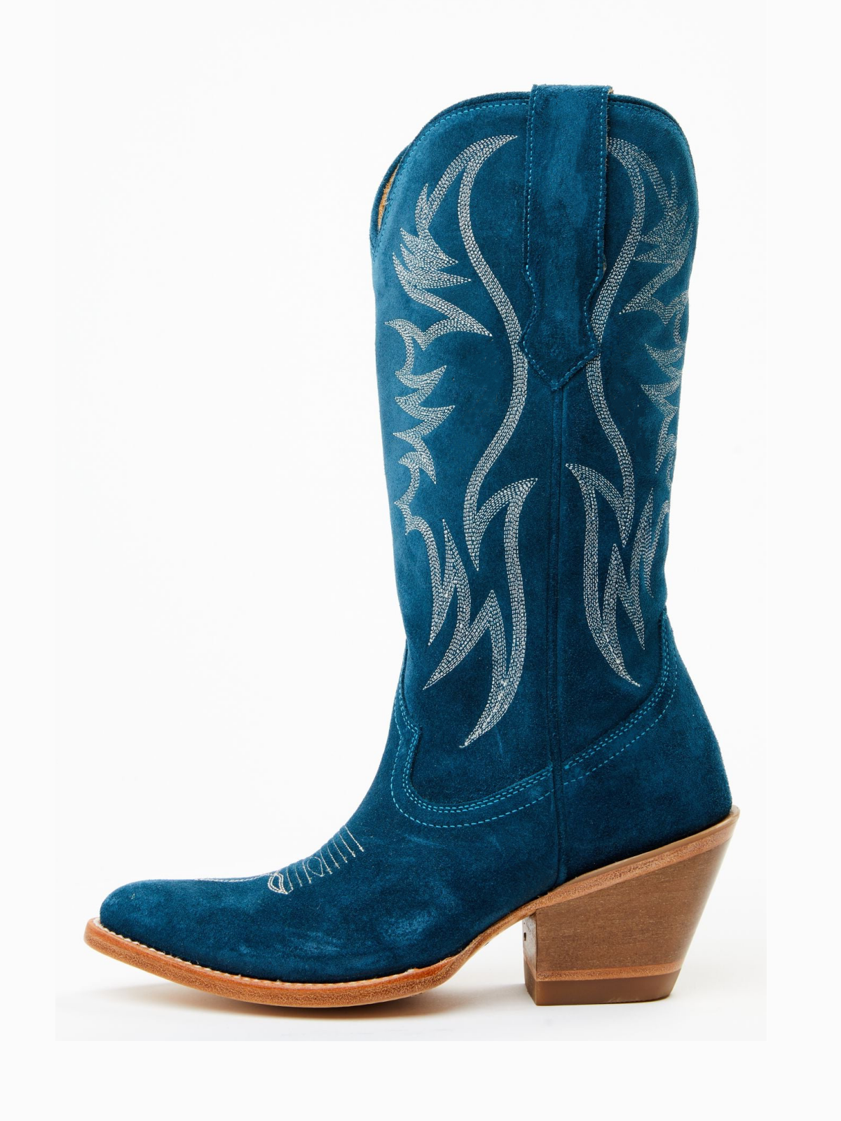 Faux Suede Wings Embroidery Pointed-Toe Wide Mid Calf Tall Cowgirl Boots - Teal Blue